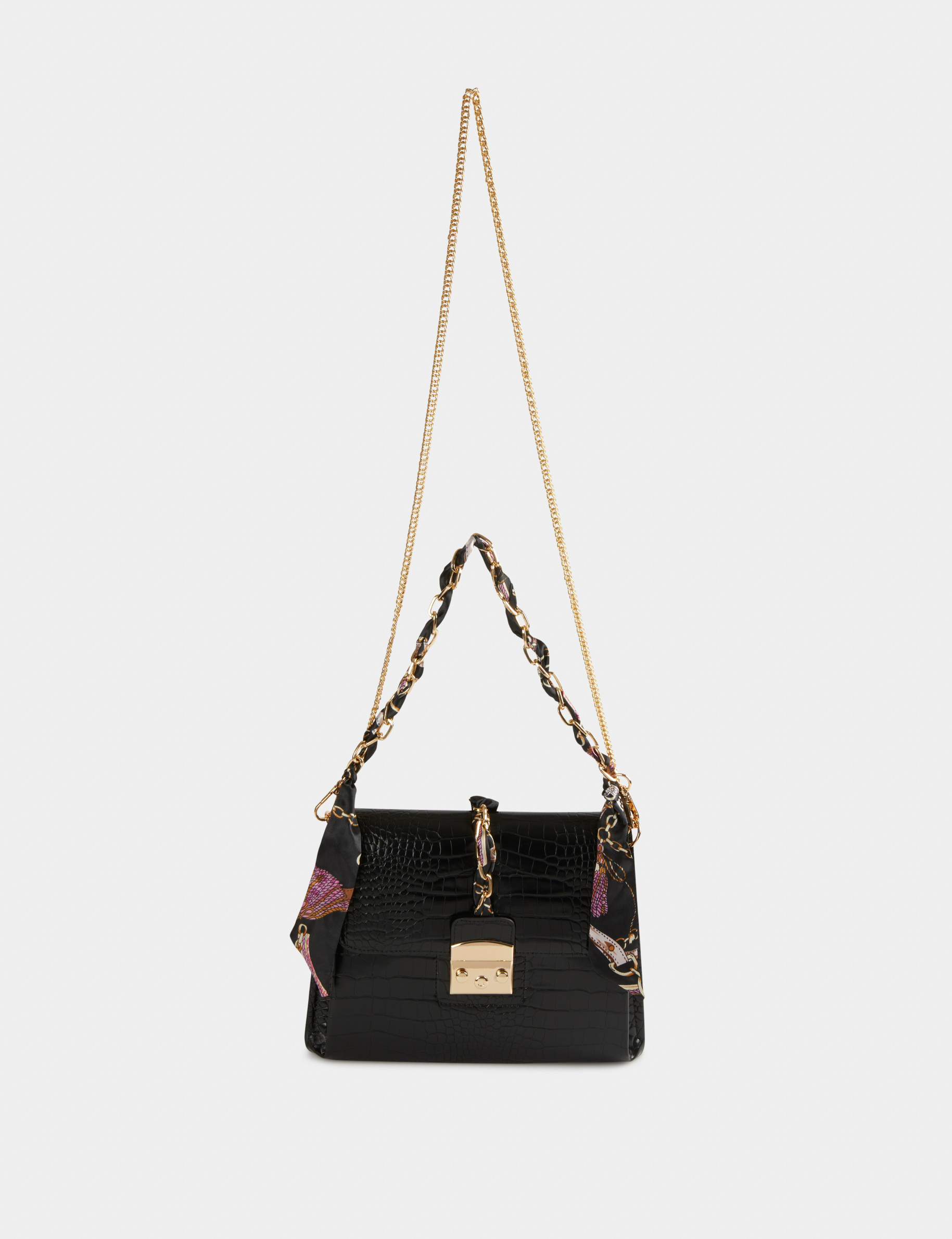 sac pochette aspect croco avec foulard noir femme Sac pochette aspect croco avec foulard noir femme