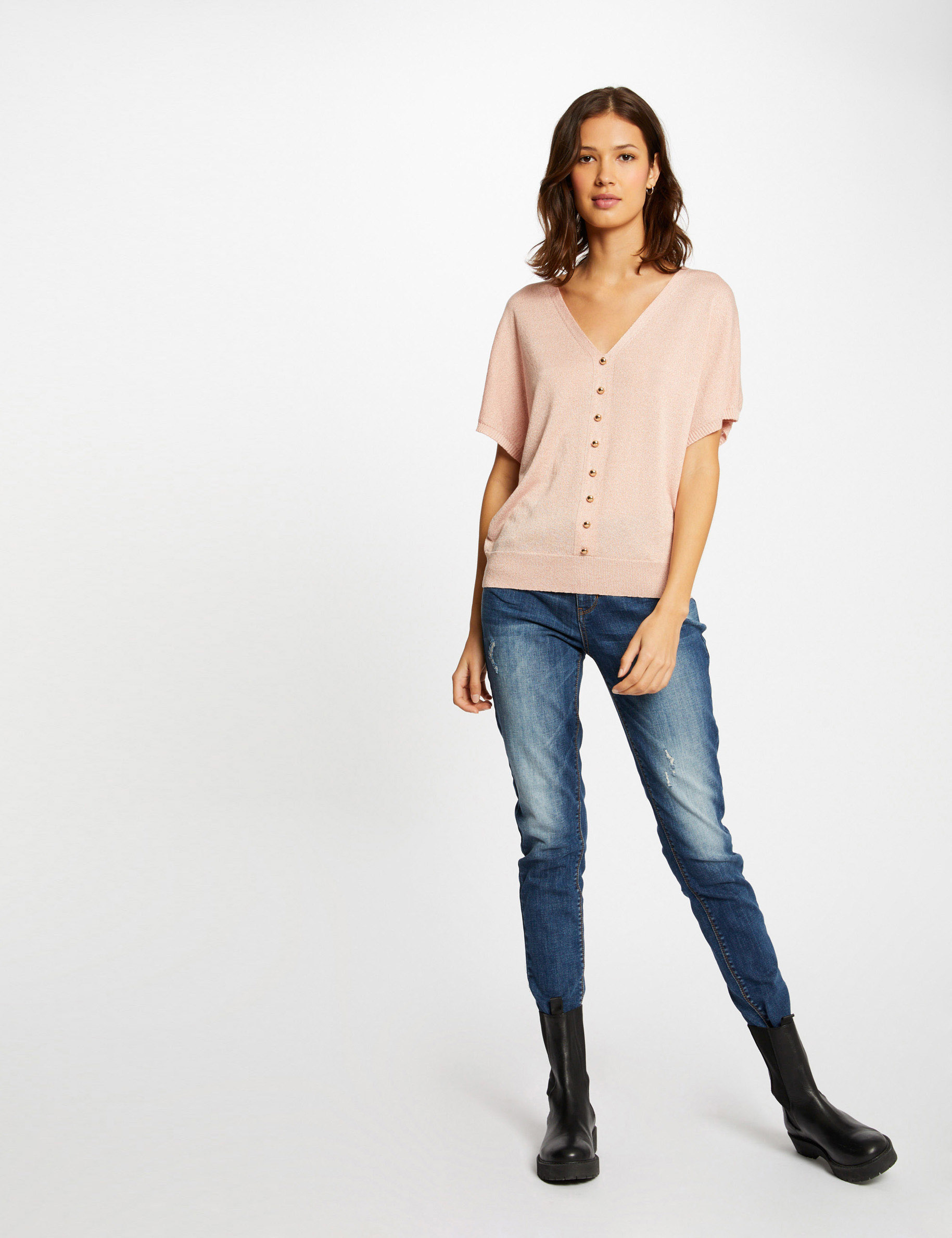 Pull manches courtes avec boutons vieux rose femme Pull manches courtes avec boutons vieux rose femme