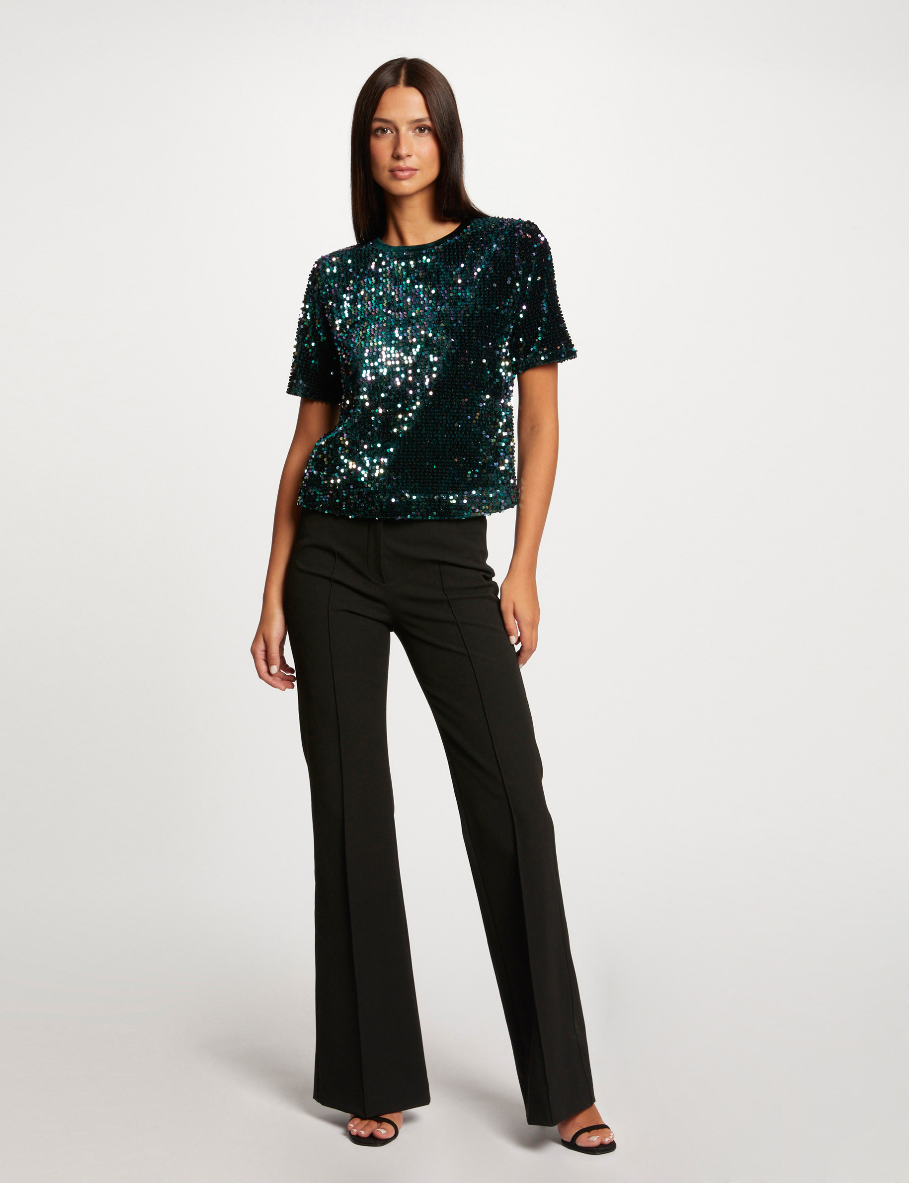 t shirt manches courtes a sequins vert fonce femme T-shirt manches courtes à sequins vert fonce femme