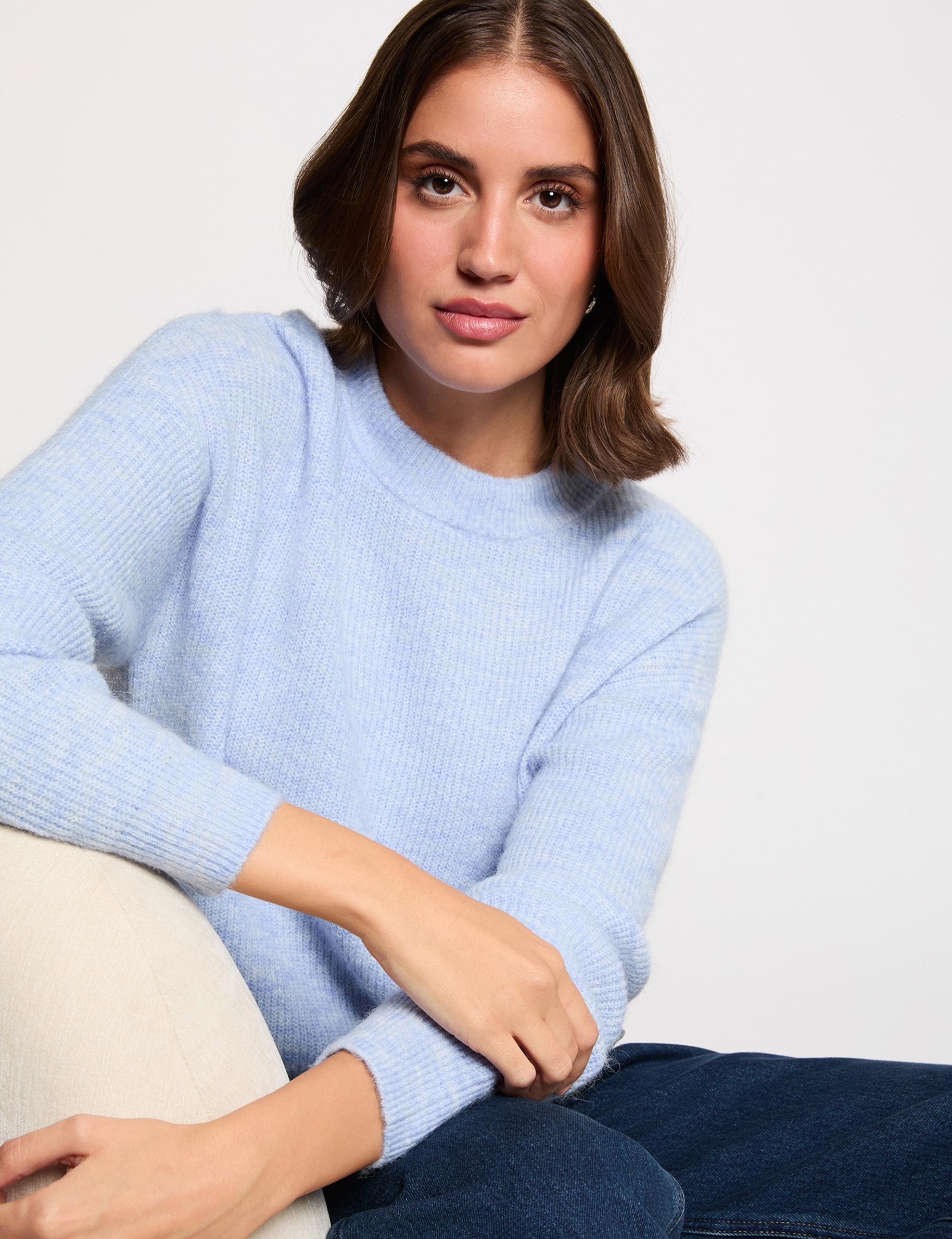 Pull col rond manches longues bleu ciel femme