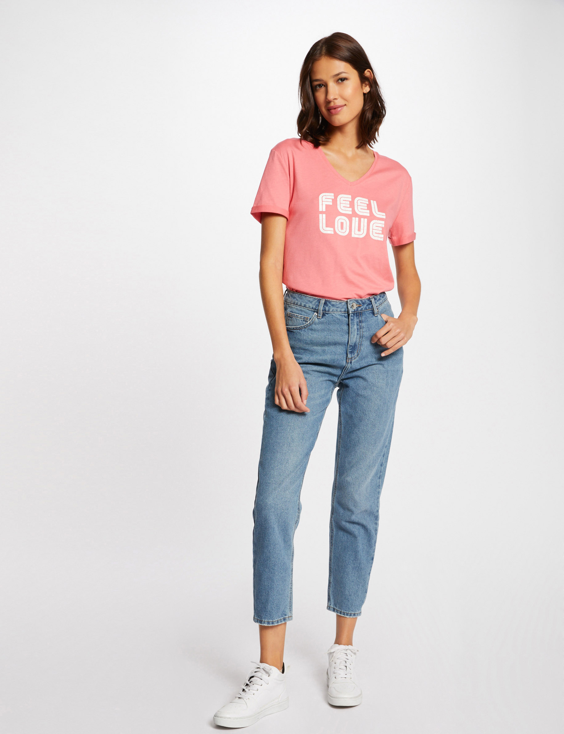 T-shirt manches courtes à inscription rose femme