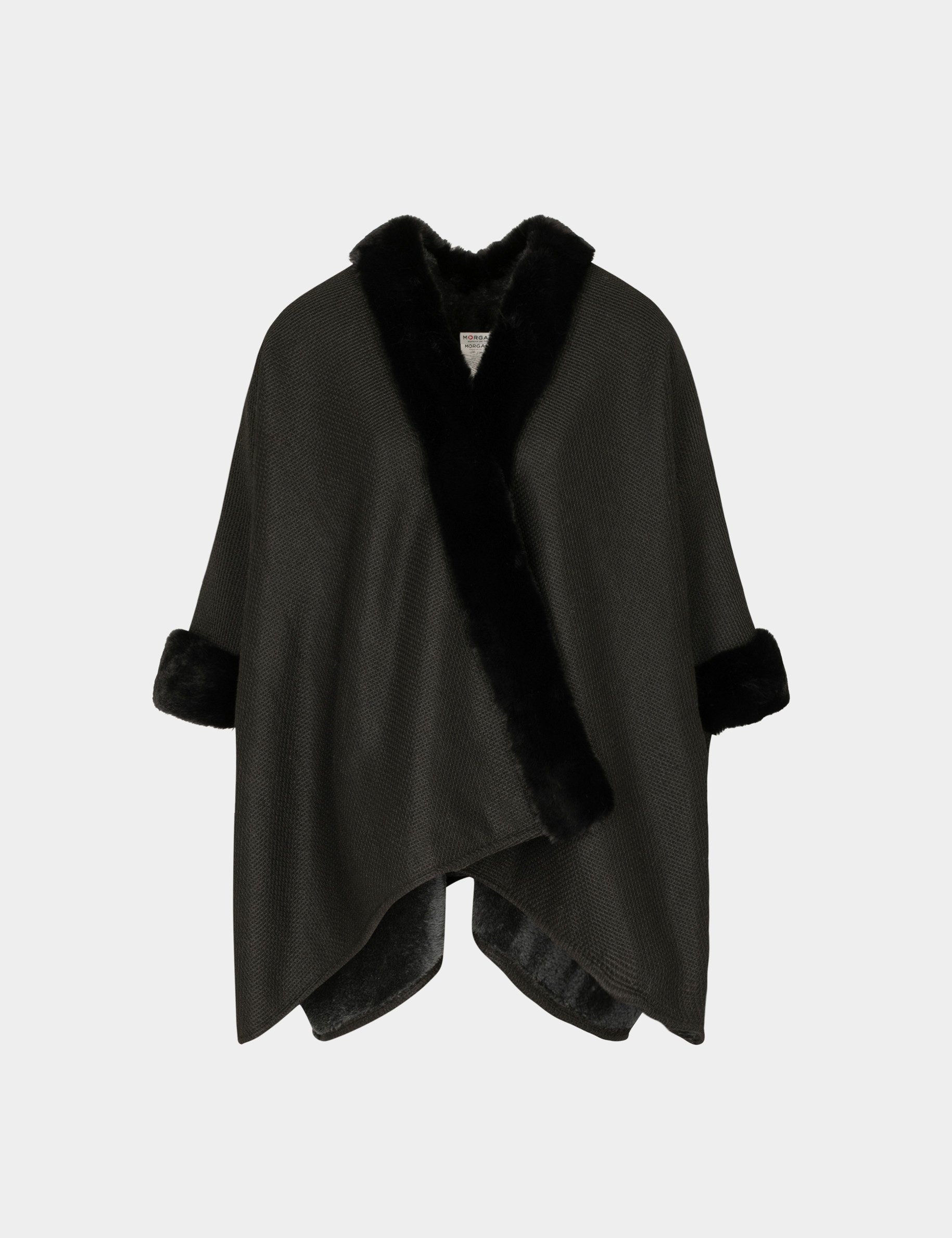cape avec details imitation fourrure noir femme Cape avec détails imitation fourrure noir femme