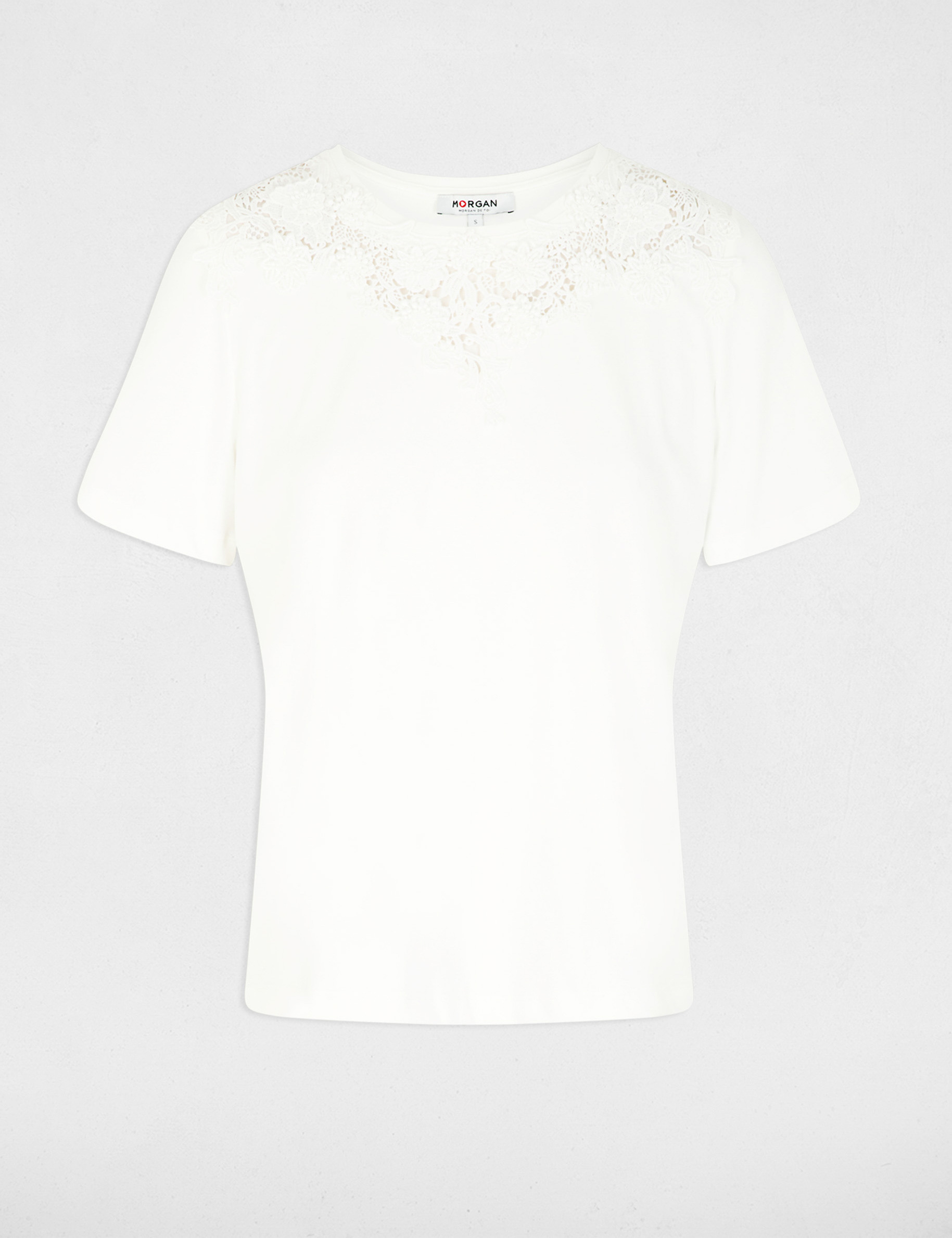 T-shirt dentelle col rond blanc femme