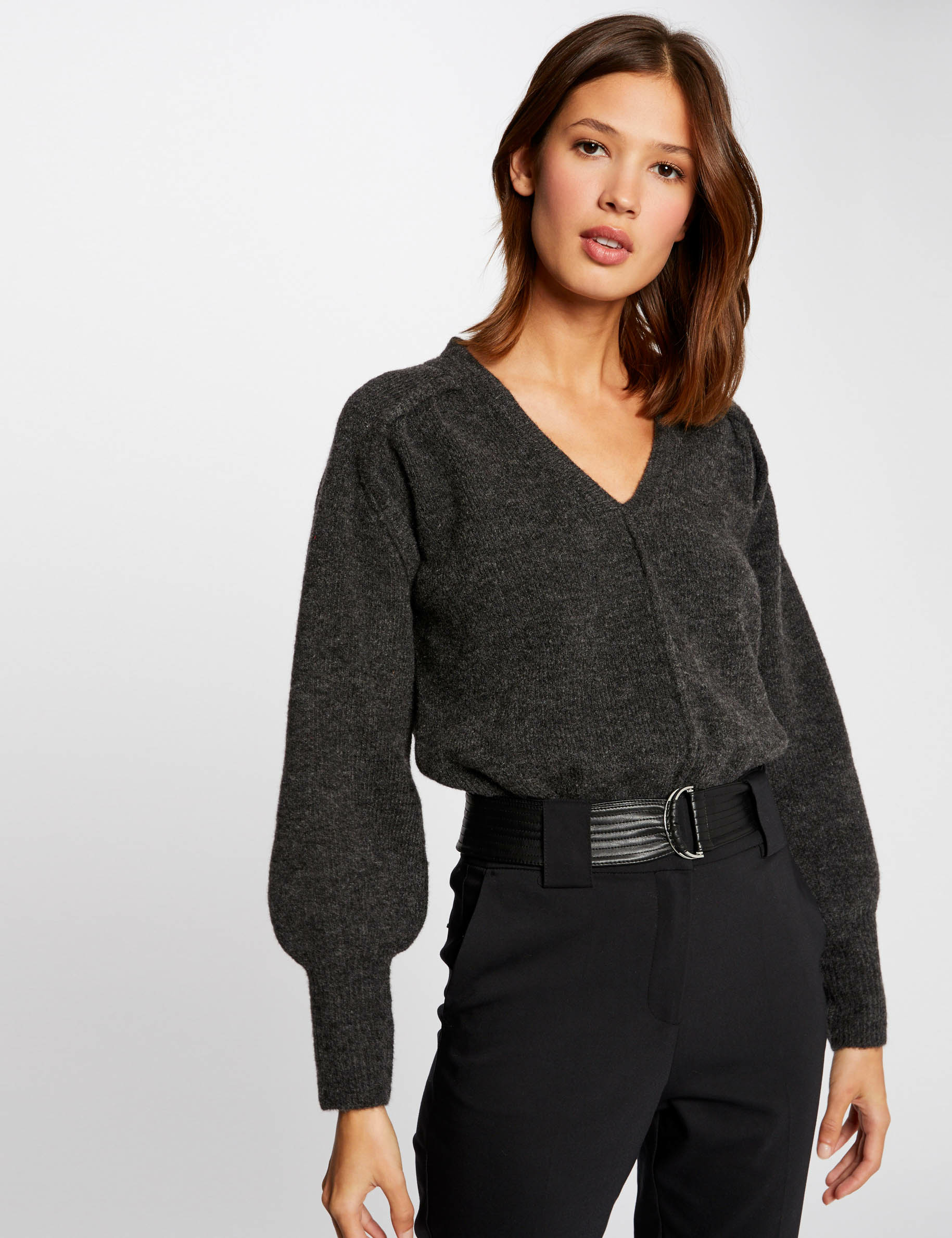 Pull Crop Gris Chiné à Col V - Vince - Tricoté Main - Taille S