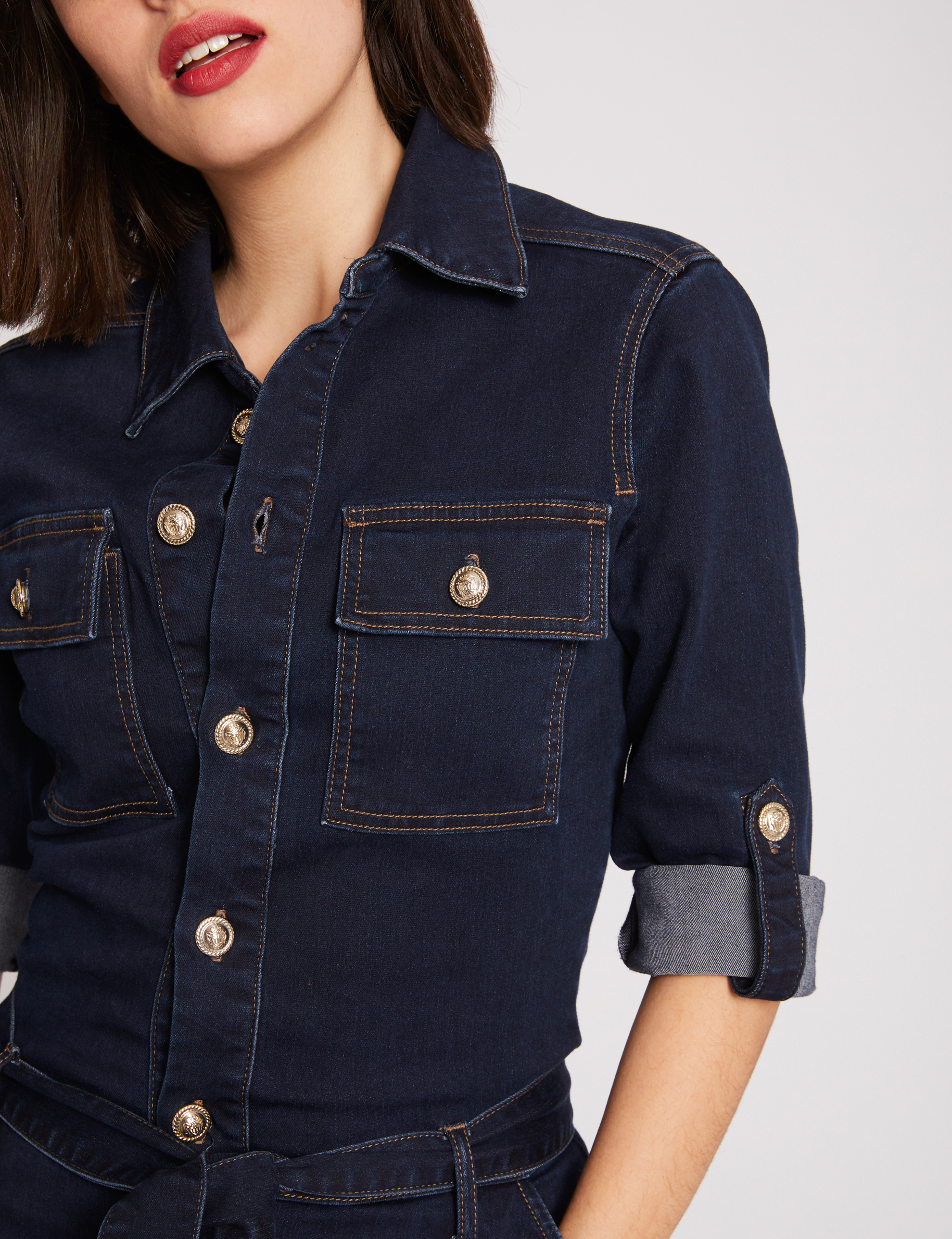 Combinaison droite ceintur&eacute;e en jean jean brut femme