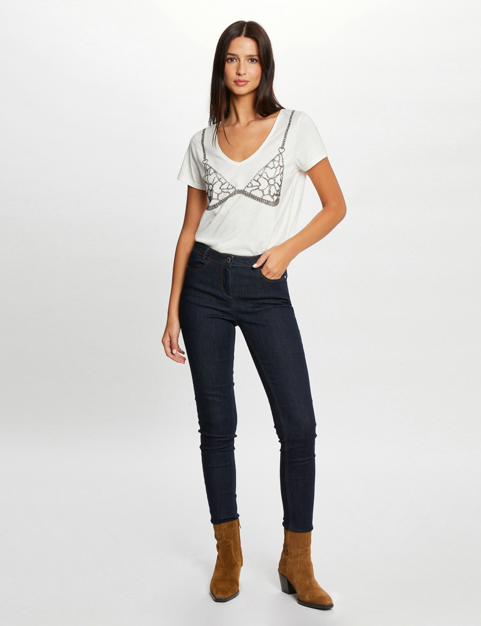 t shirt manches courtes a paillettes ecru femme T-shirt manches courtes à paillettes ecru femme