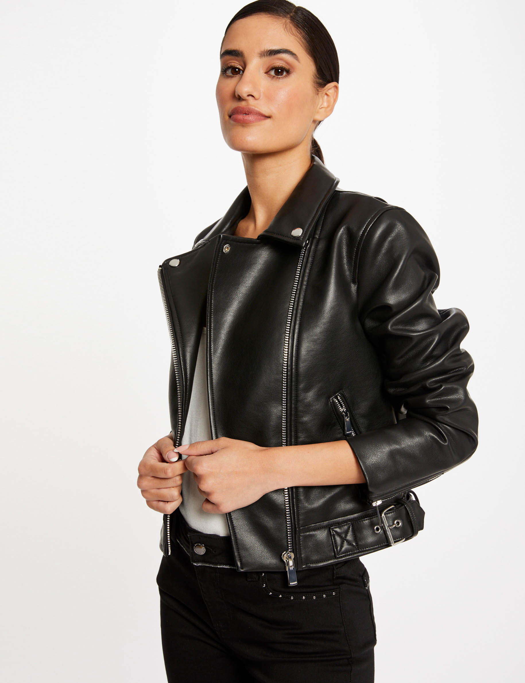 Image of Blouson droit à détails zippés noir femme