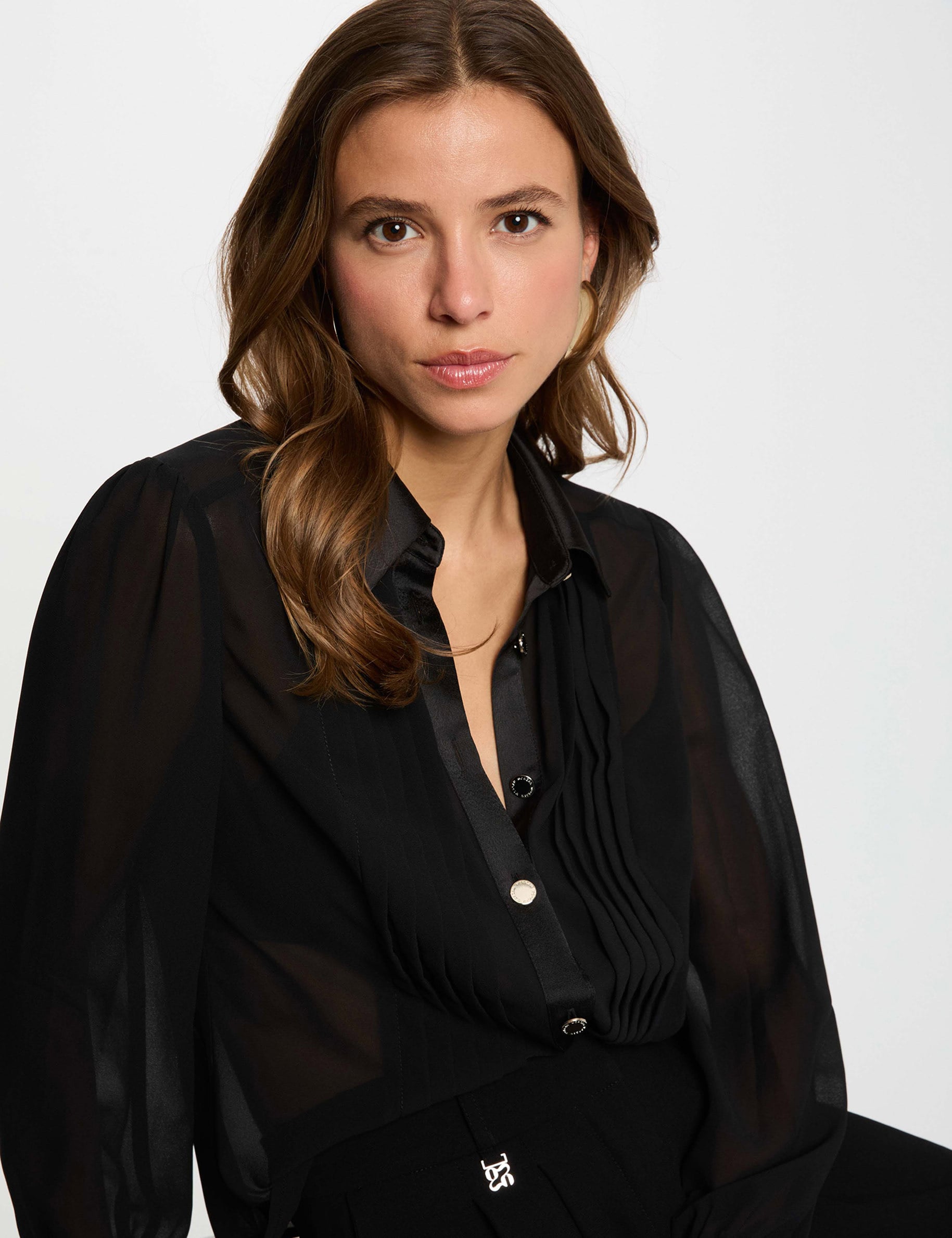 Chemise voile col &agrave; revers noir femme