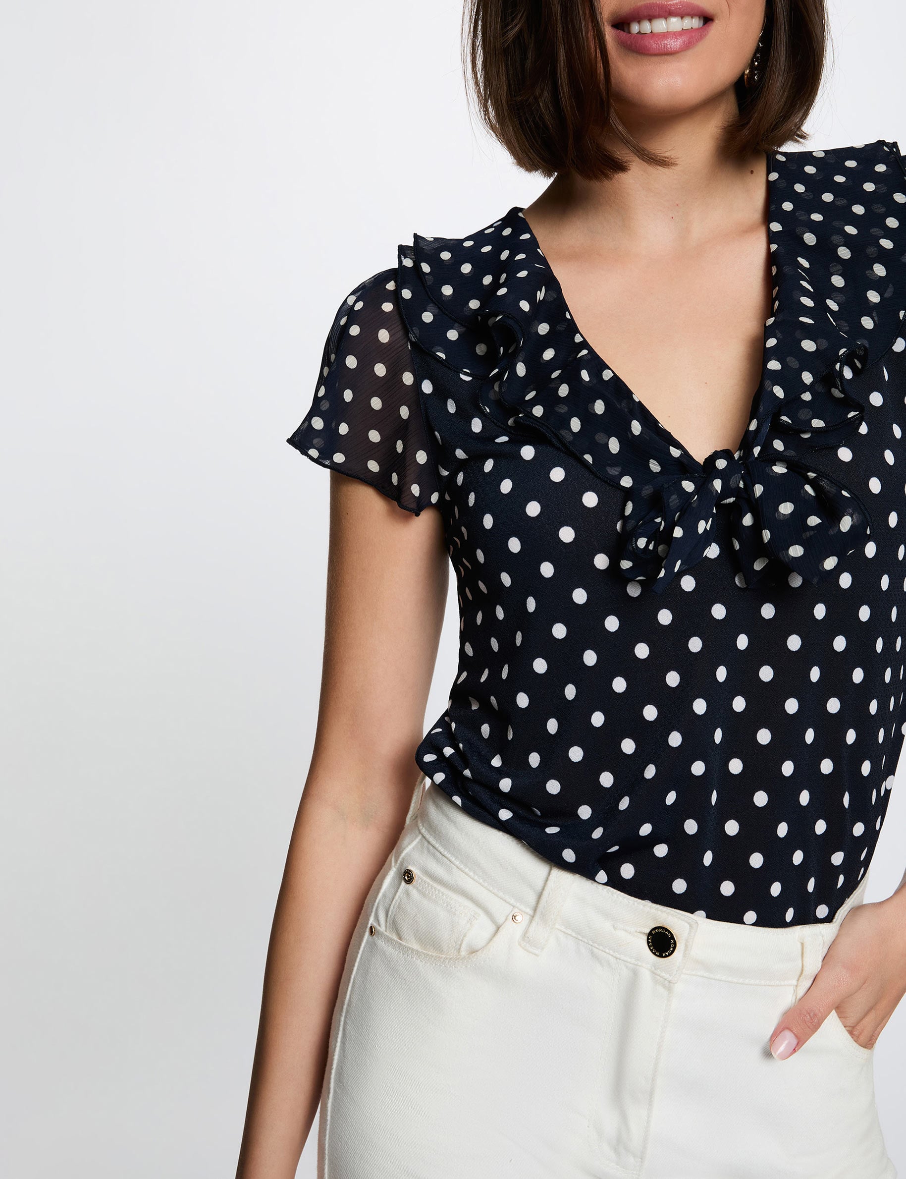 T-shirt voile col v bleu marine femme