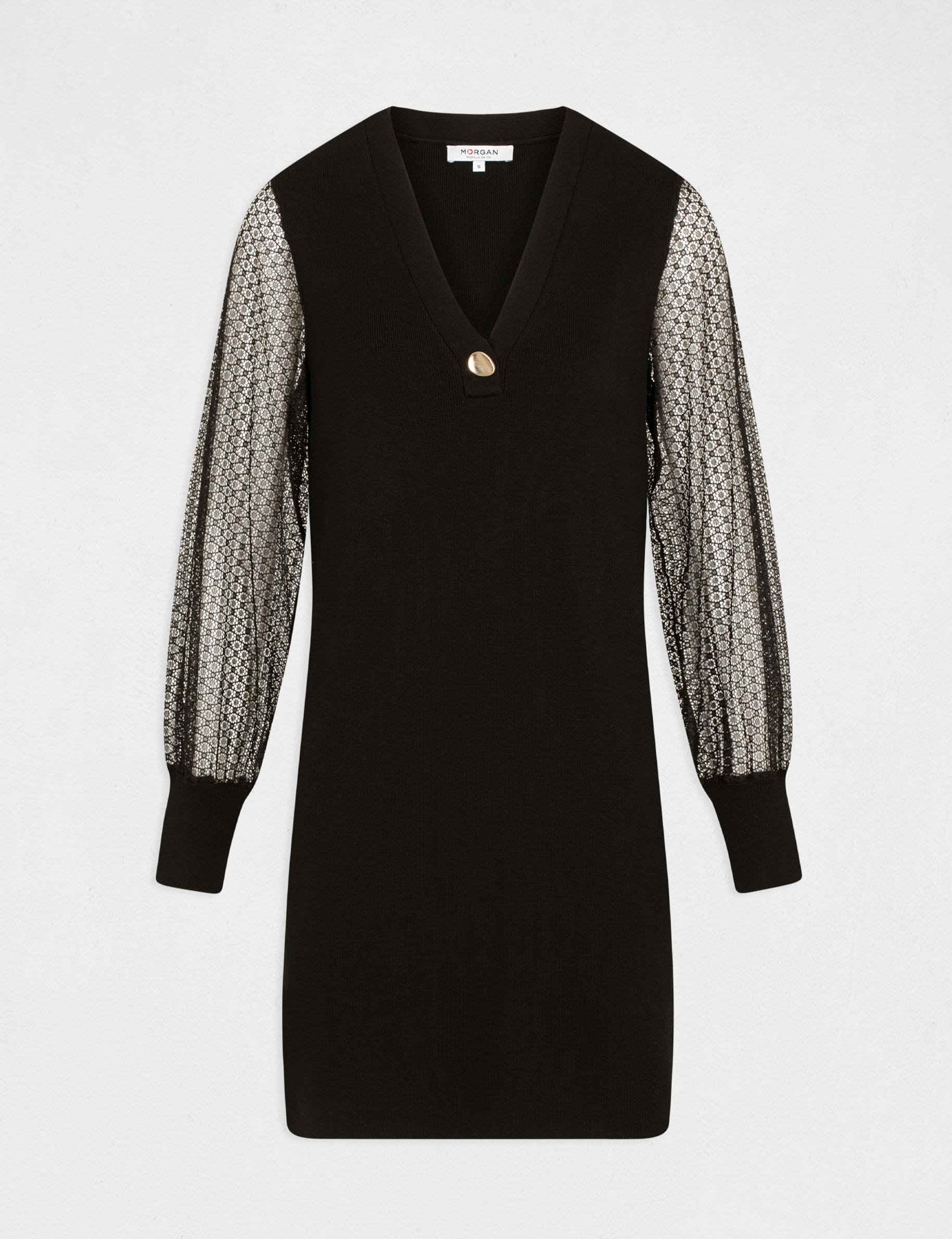 Robe pull droite à manches en dentelle noir femme Robe pull droite à manches en dentelle noir femme