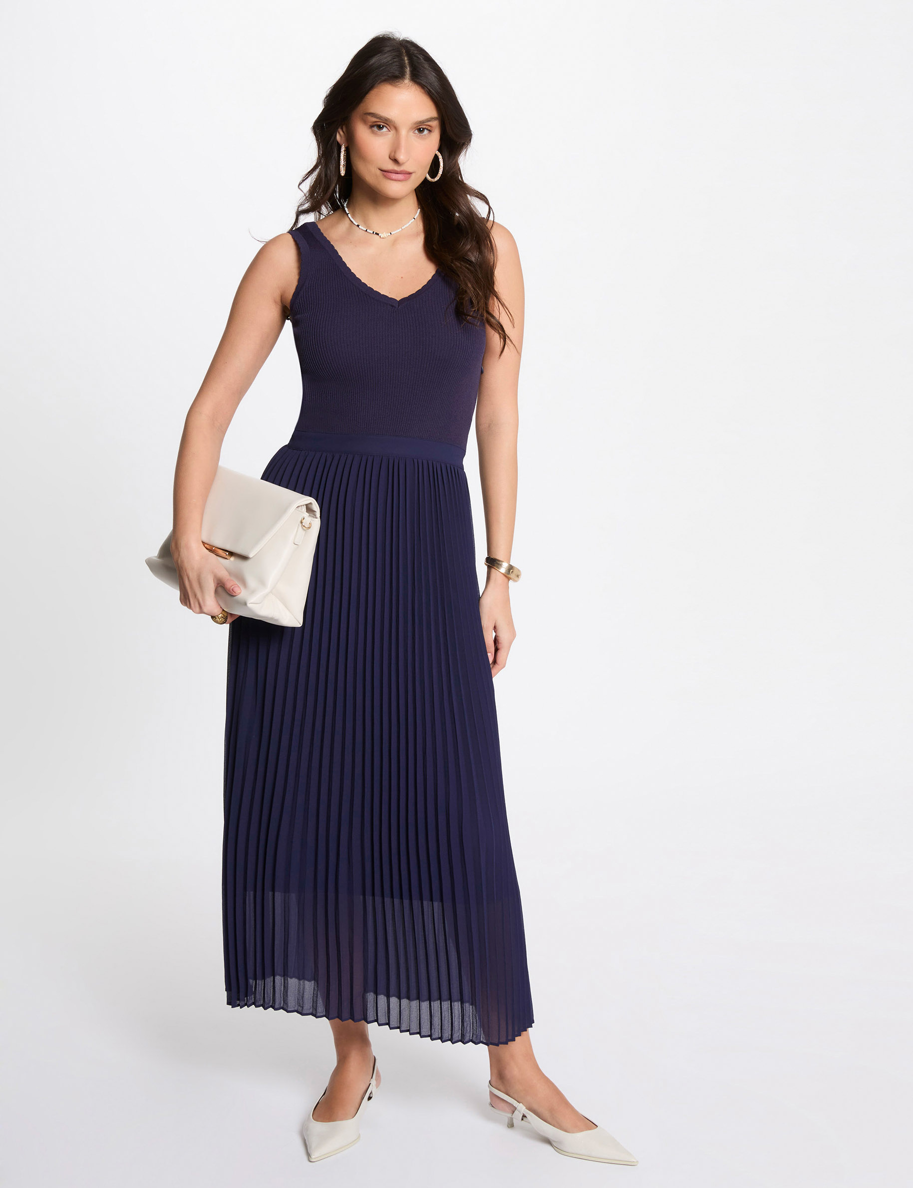 Robe tricot longue cintr&eacute;e bleu marine femme