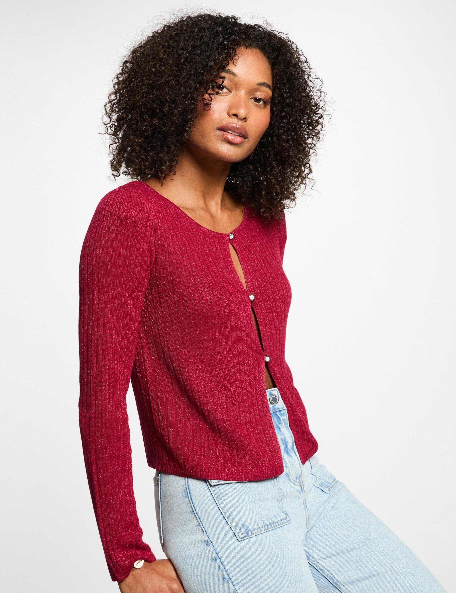 Gilet manches longues rouge fonc&eacute; femme