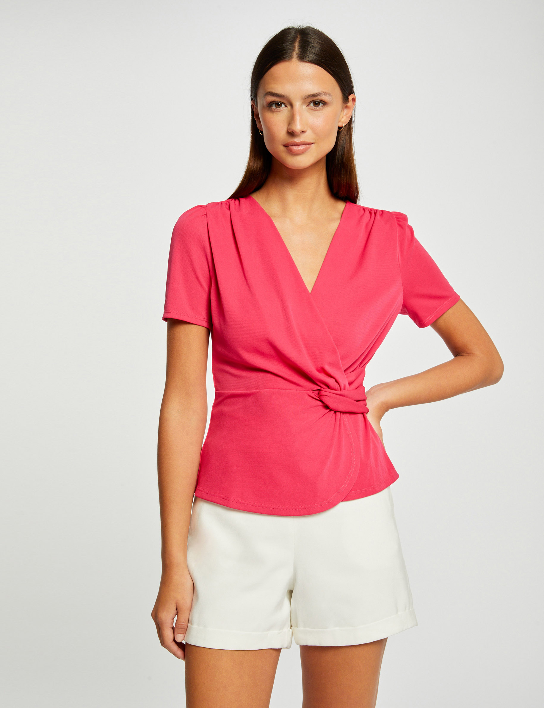 T-shirt manches courtes col cache-coeur framboise femme T-shirt manches courtes col cache-coeur framboise femme