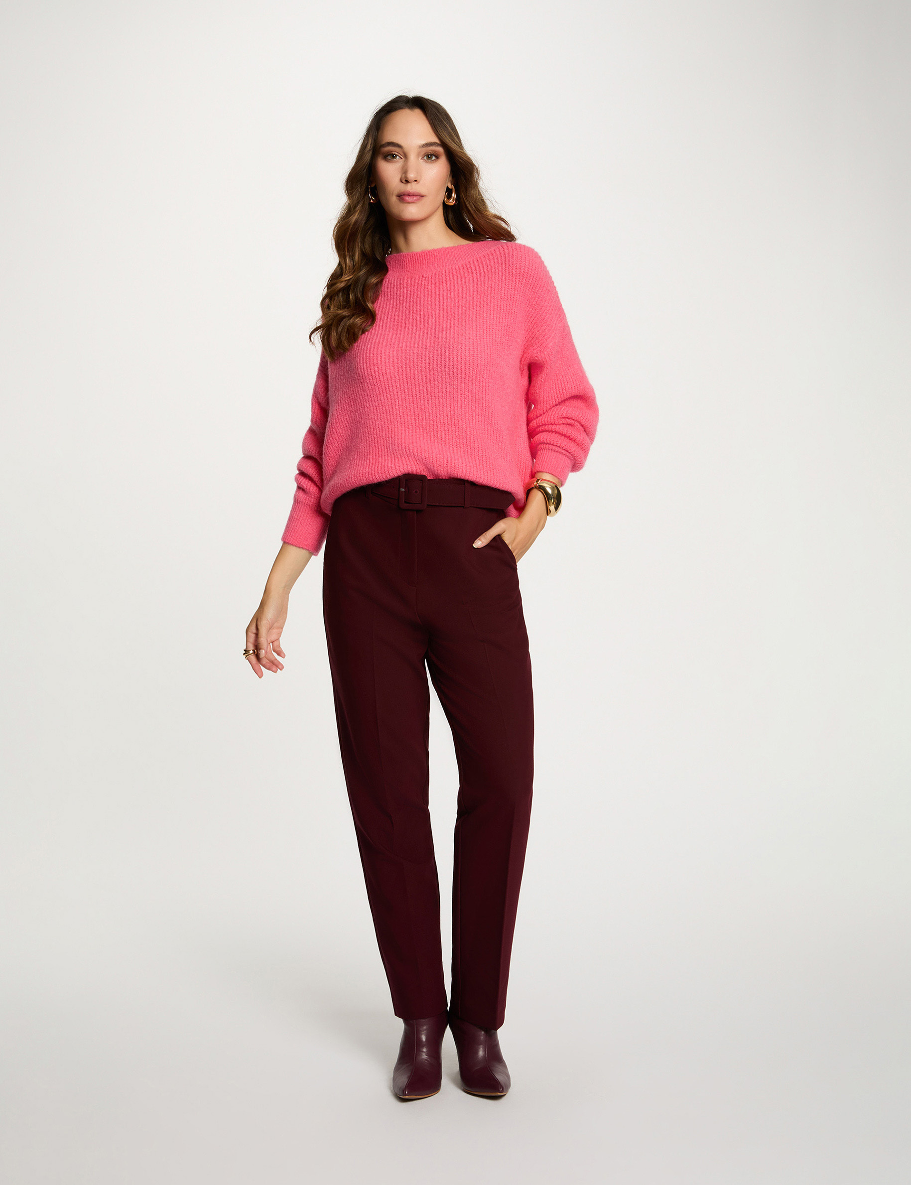 Pull col rond rose fushia femme
