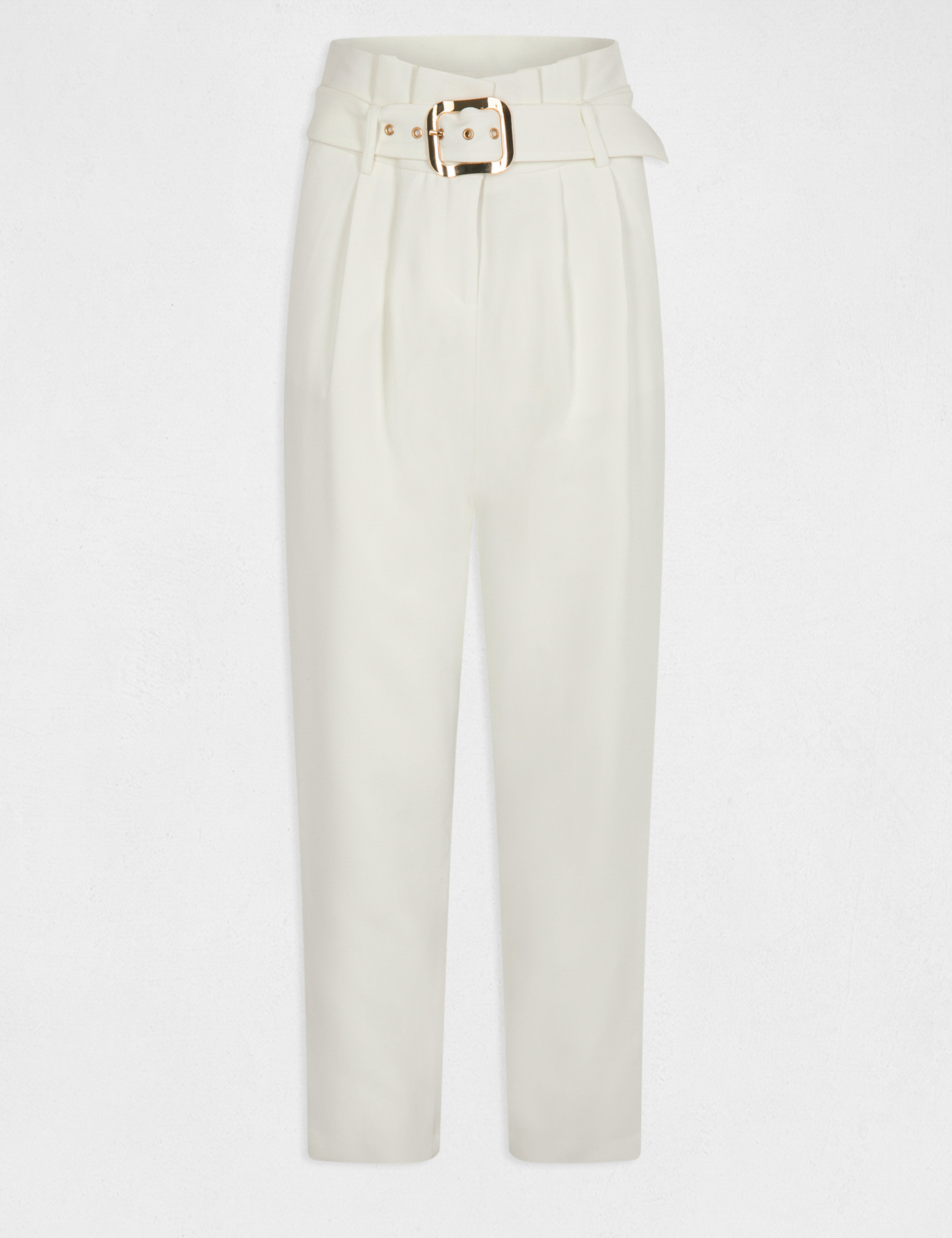 Pantalon droit taille haute ceinturé ecru femme