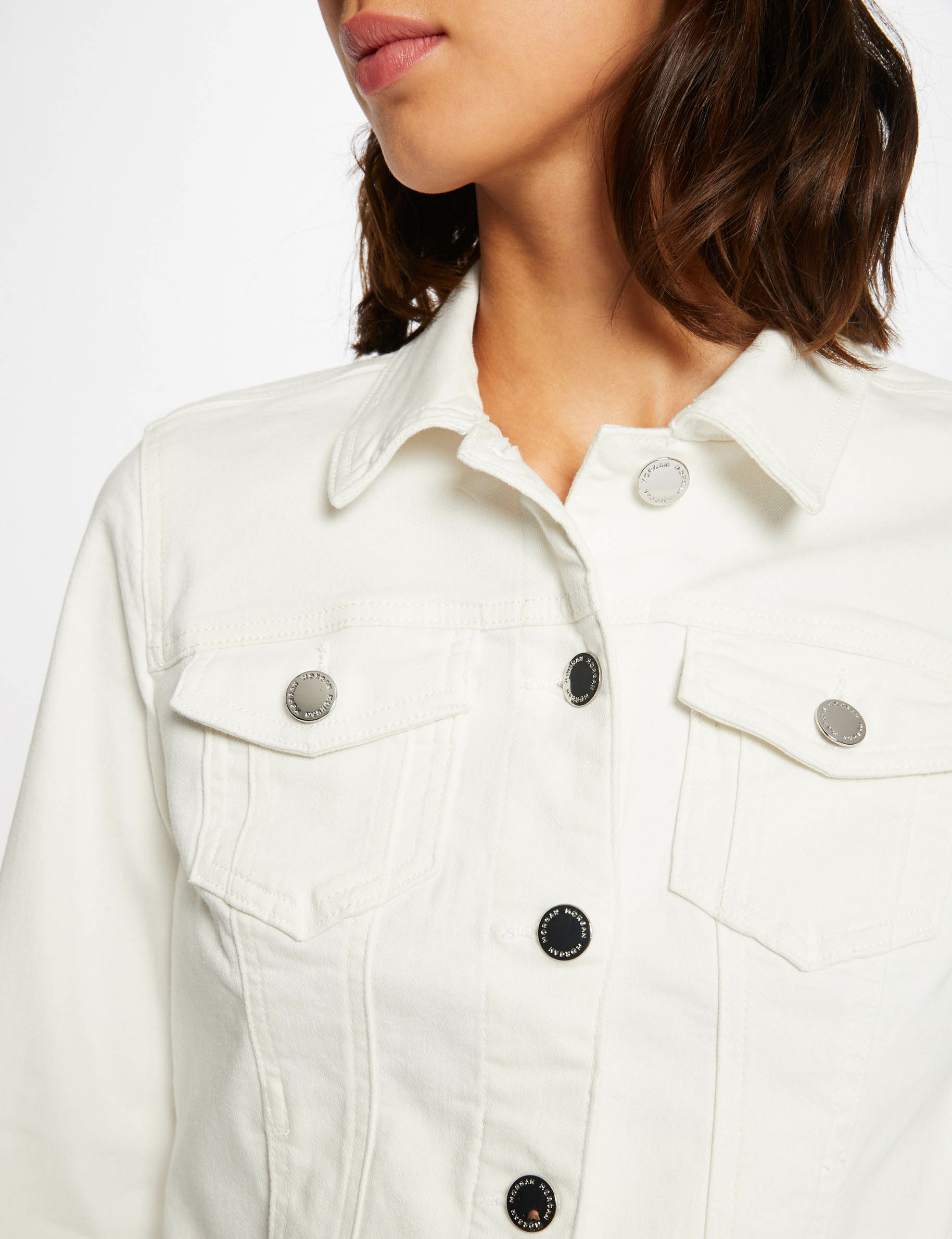 Veste droite boutonnée en jean ecru femme Veste droite boutonnée en jean ecru femme