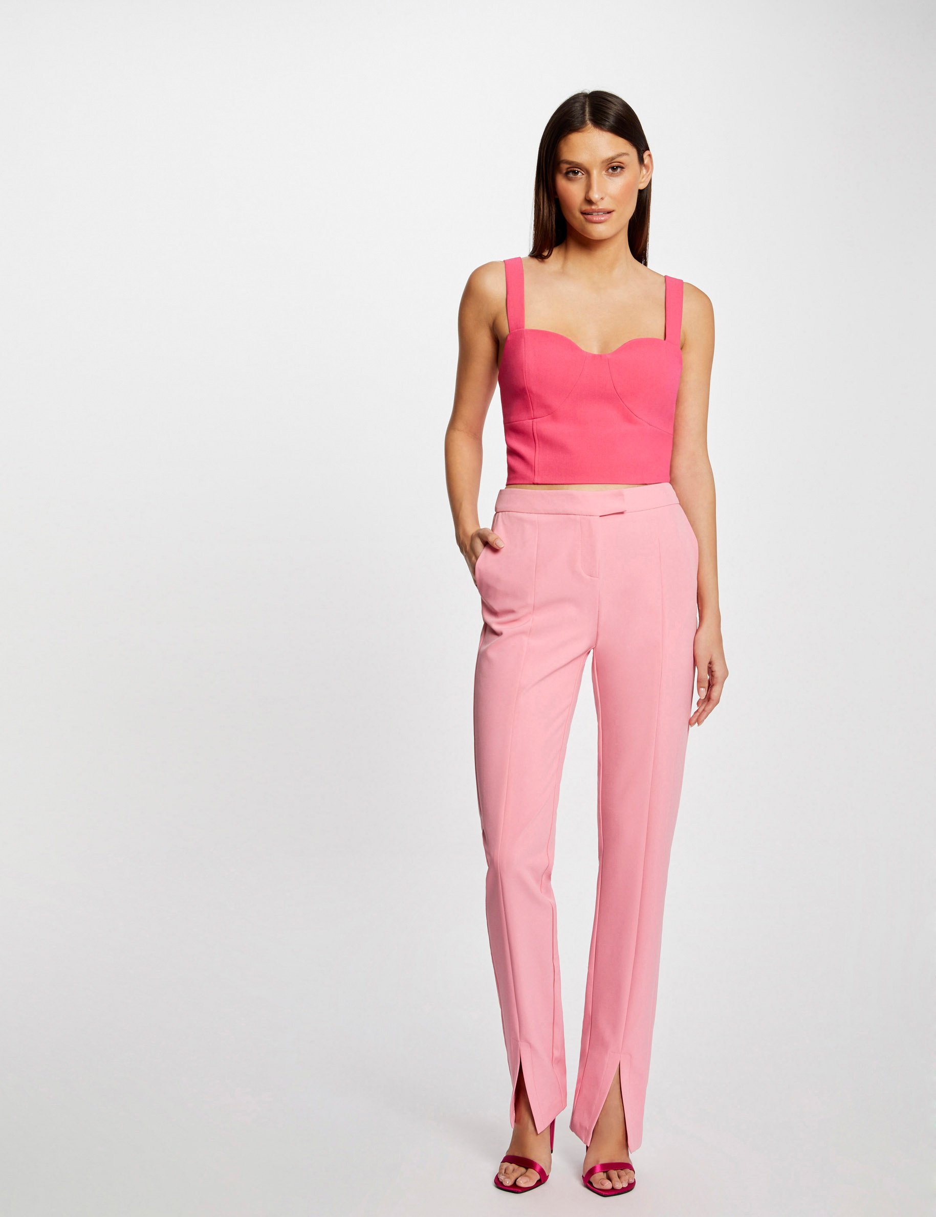 Pantalon tailleur ajusté fendu rose clair femme