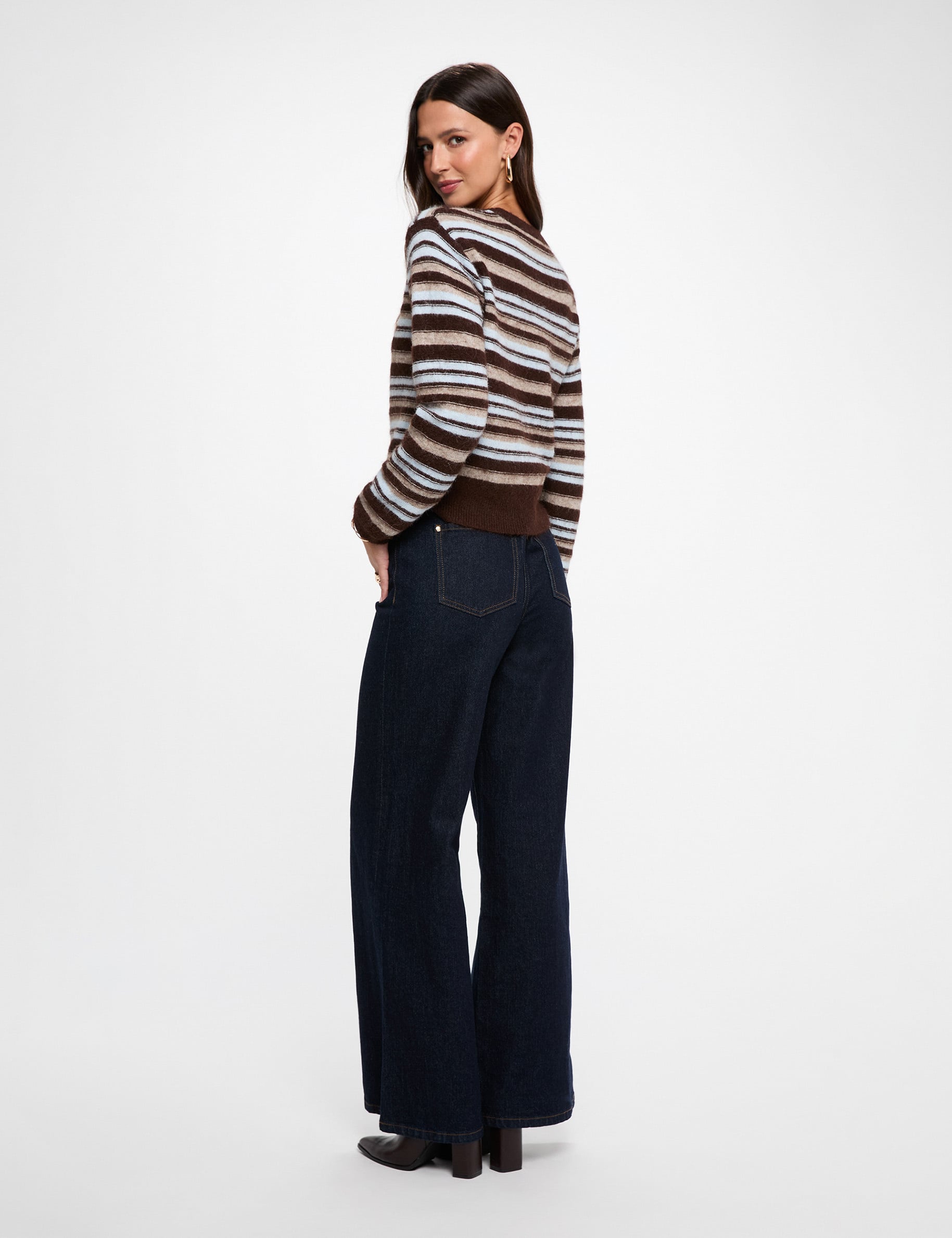 Pull ray&eacute; col rond beige femme