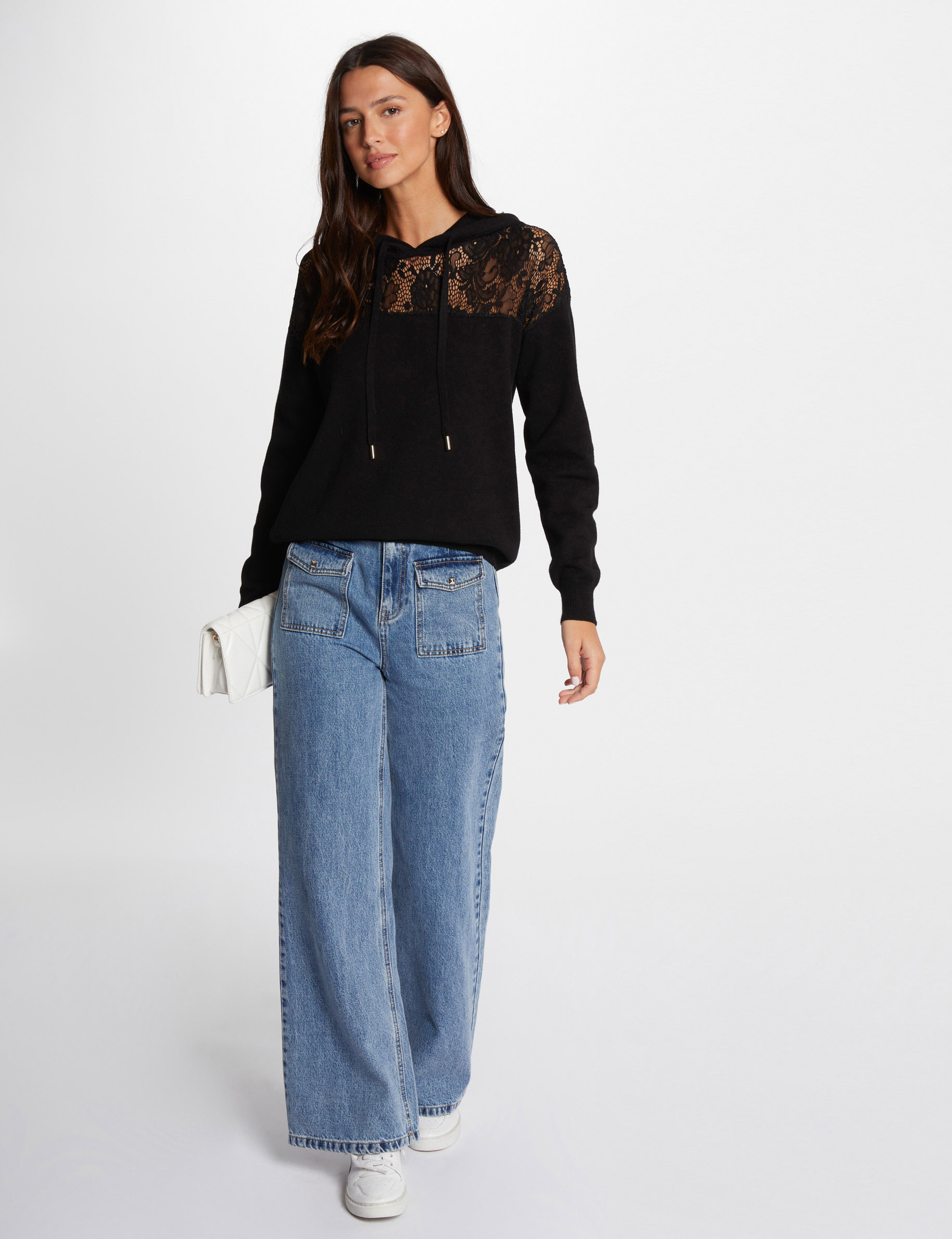 Pull capuche dentelle noir femme