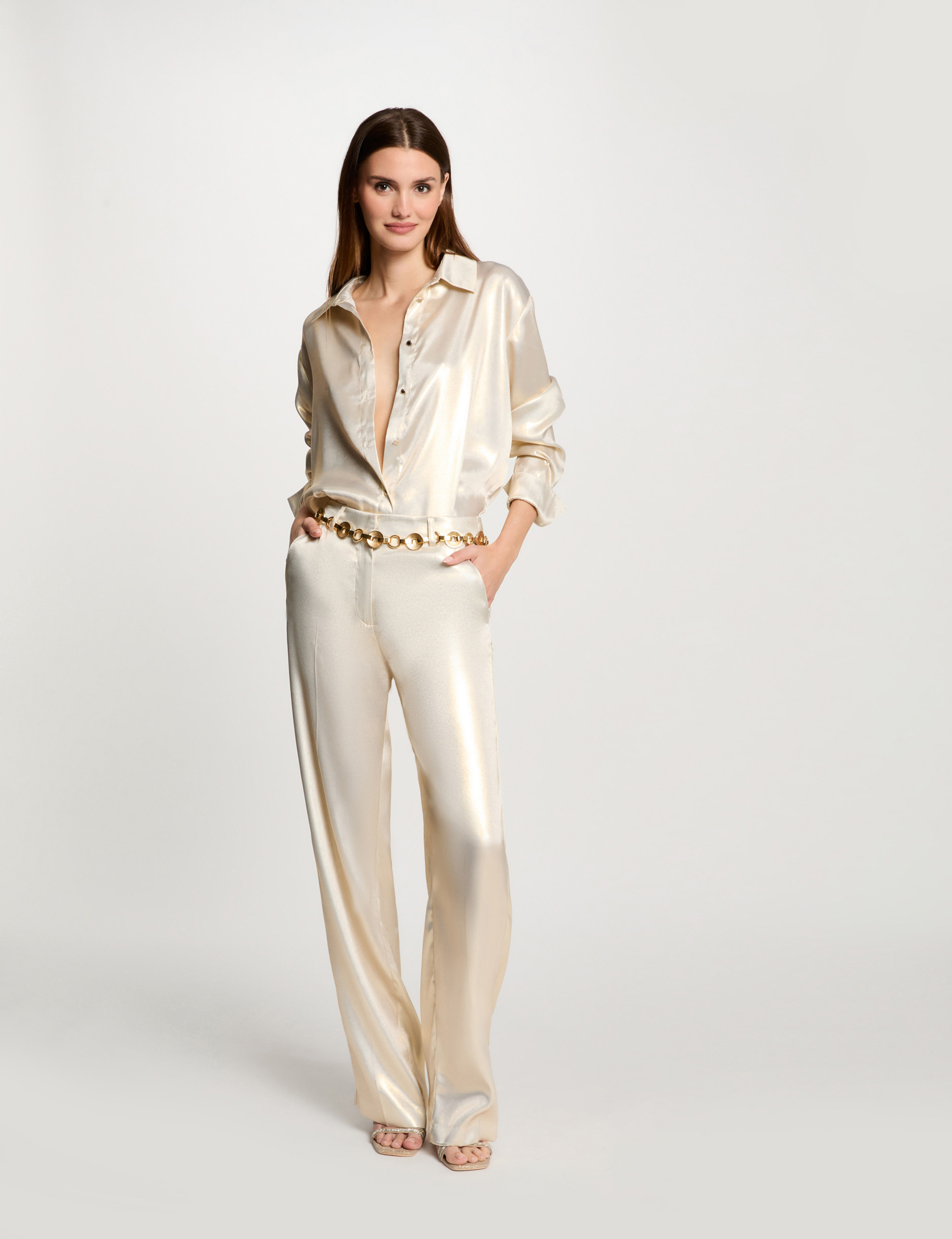 chemise manches longues satin jaune or femme Chemise manches longues satin jaune or femme
