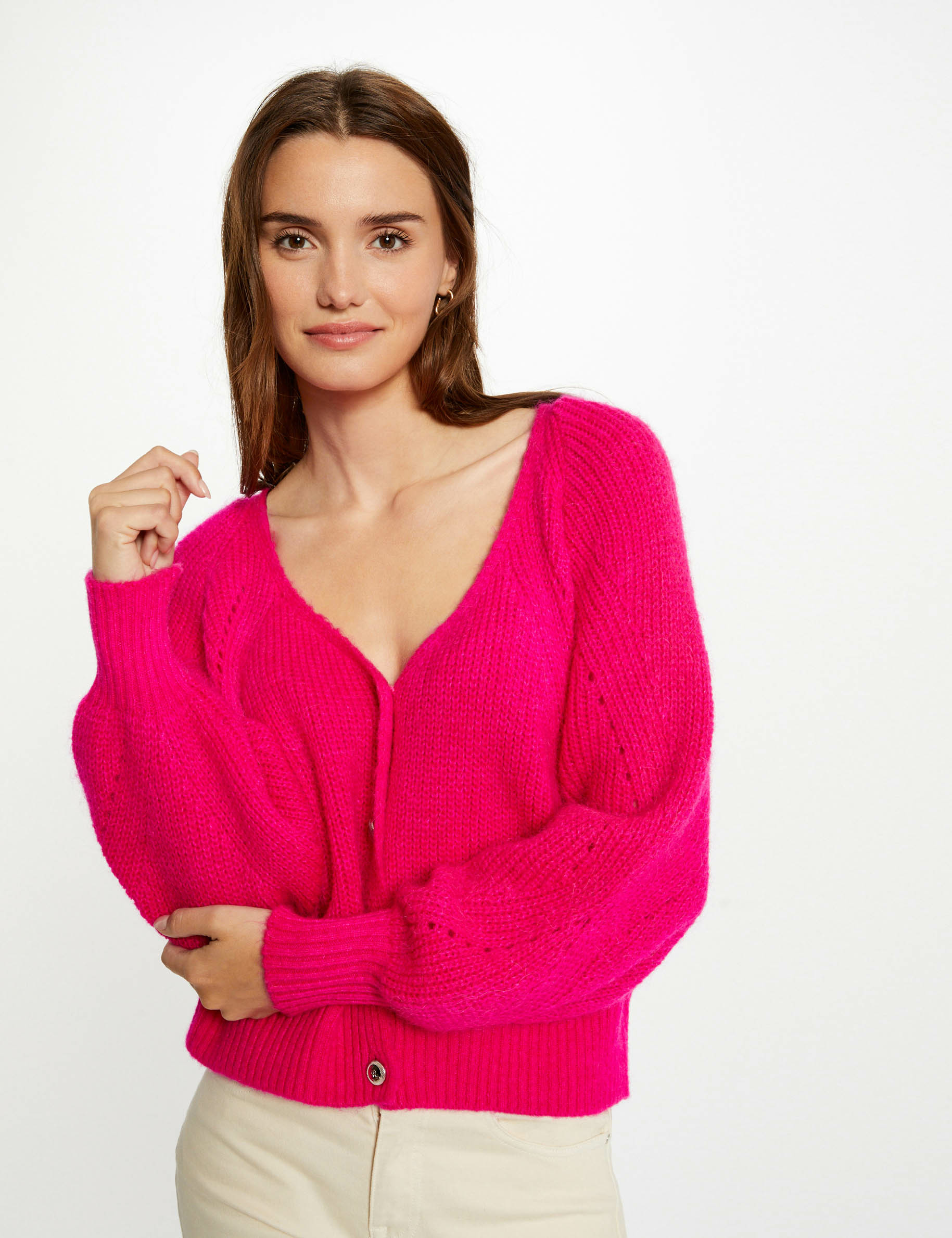 Image of Gilet manches longues boutonné rose moyen femme