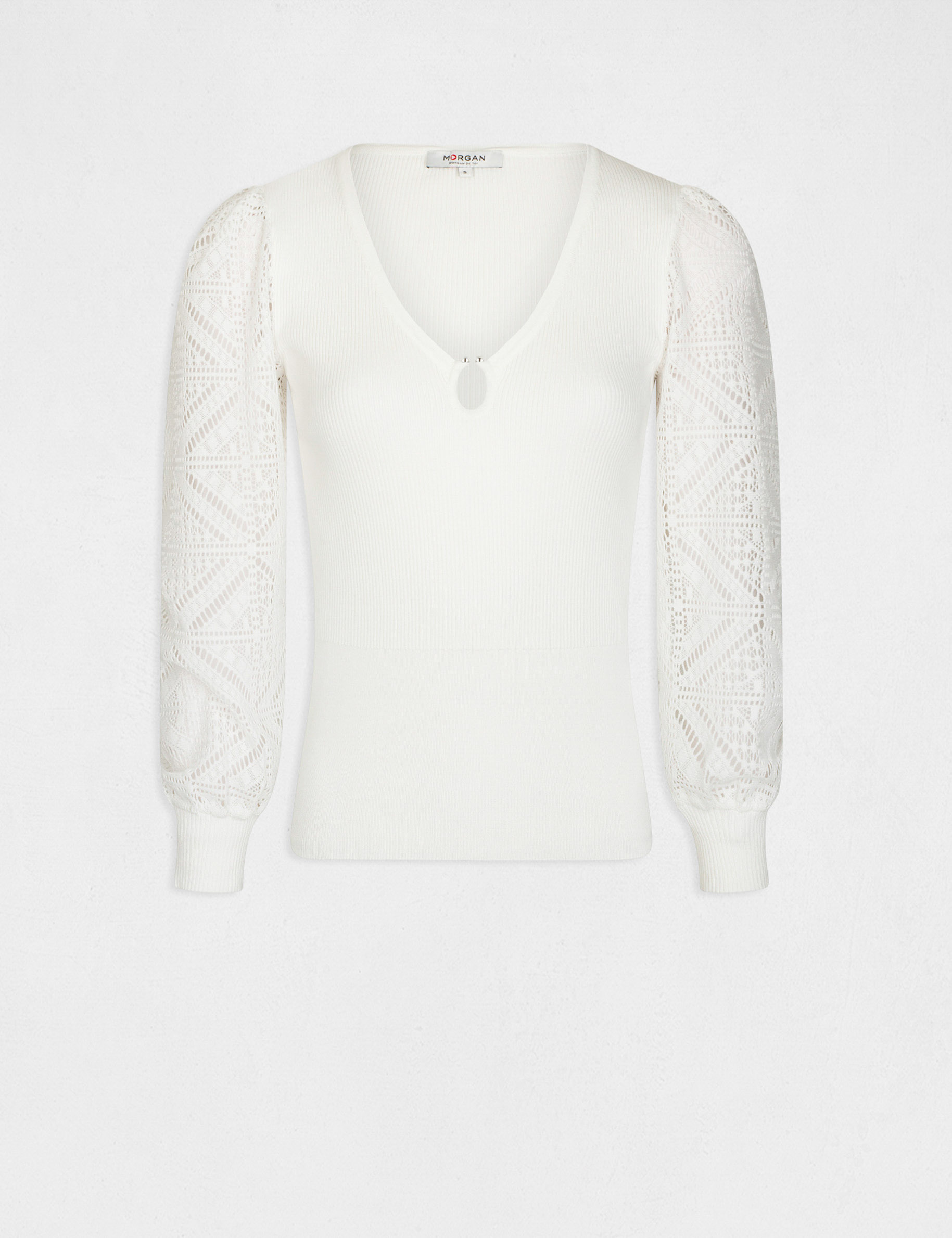 Pull manches longues en dentelle ecru femme