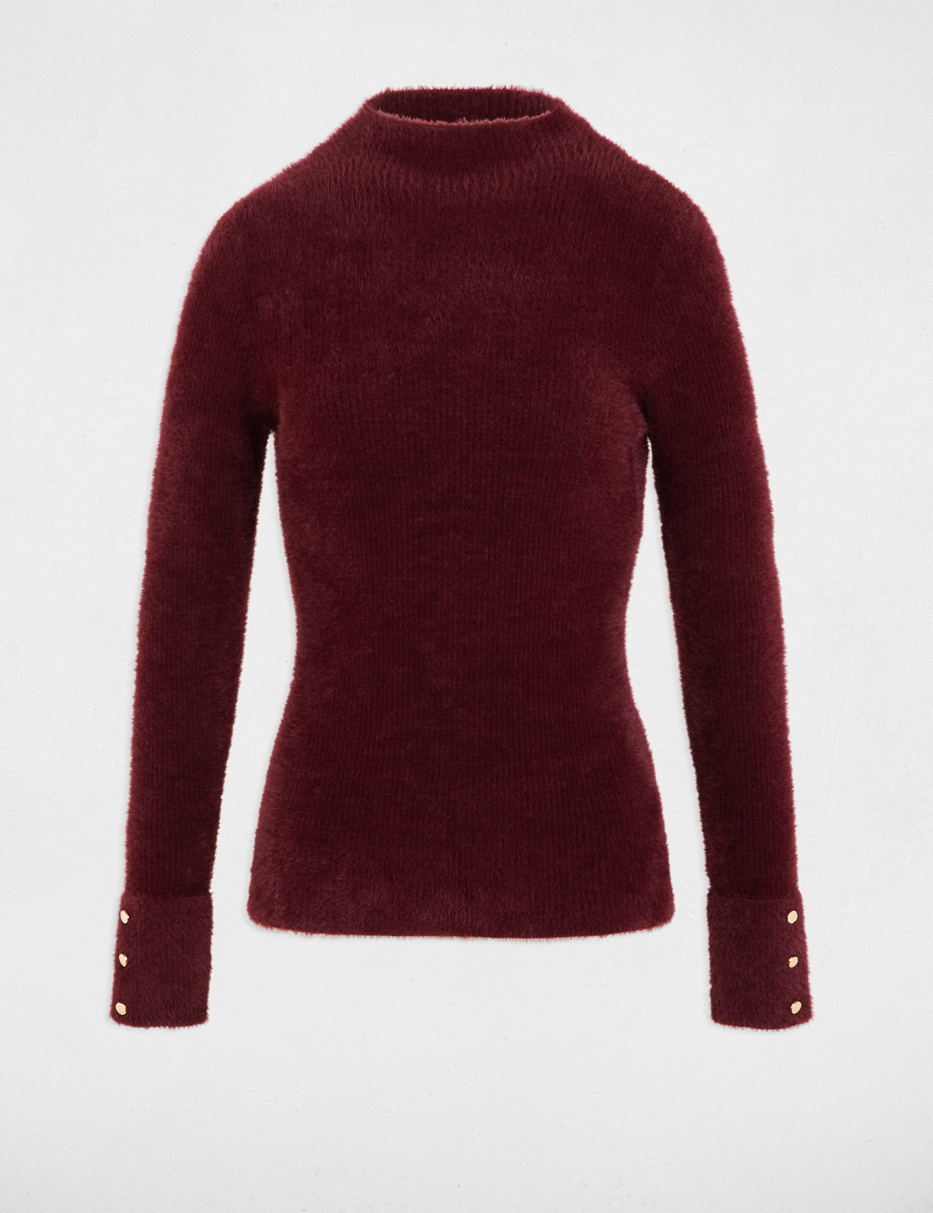 Pull manches longues maille duveteuse prune femme