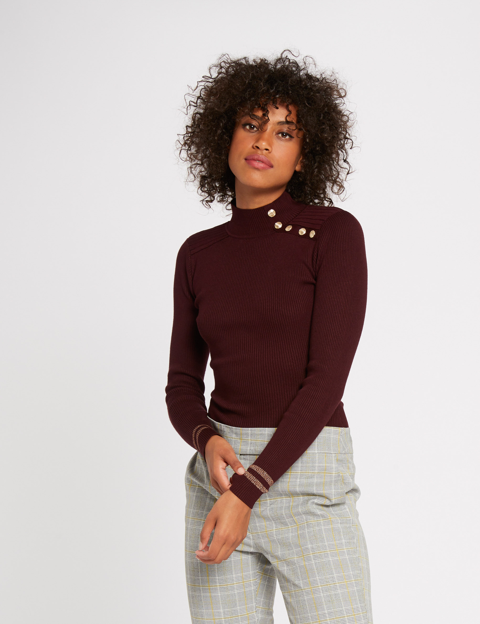 pull manches longues avec boutons rouge vin femme Pull manches longues avec boutons rouge vin femme