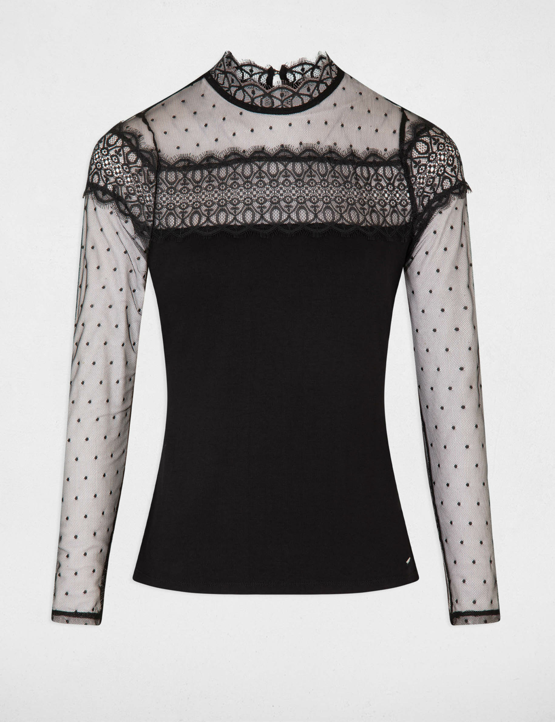 T-shirt manches longues à dentelle noir femme