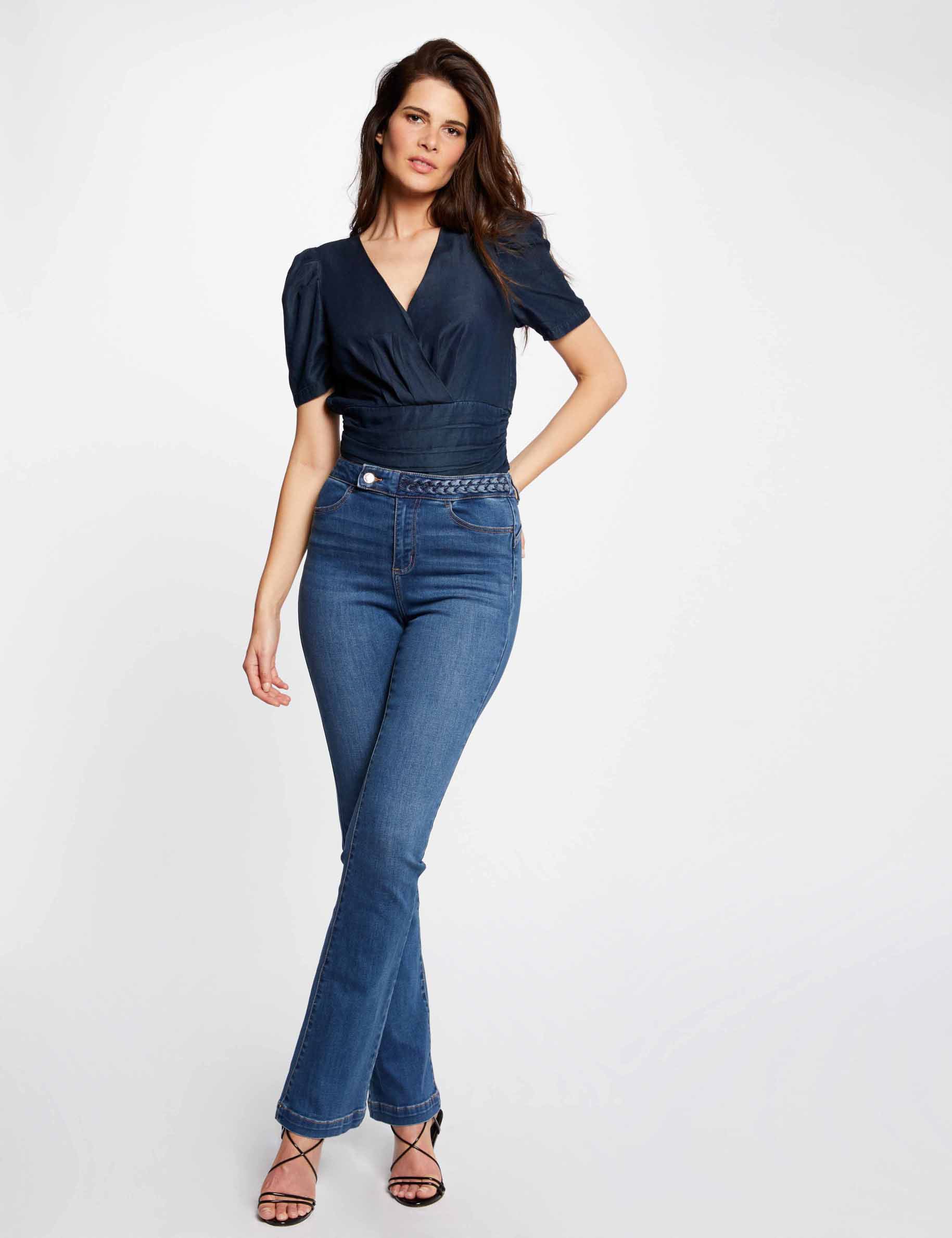 Jeans droit avec d&eacute;tails tress&eacute;s denim stone femme