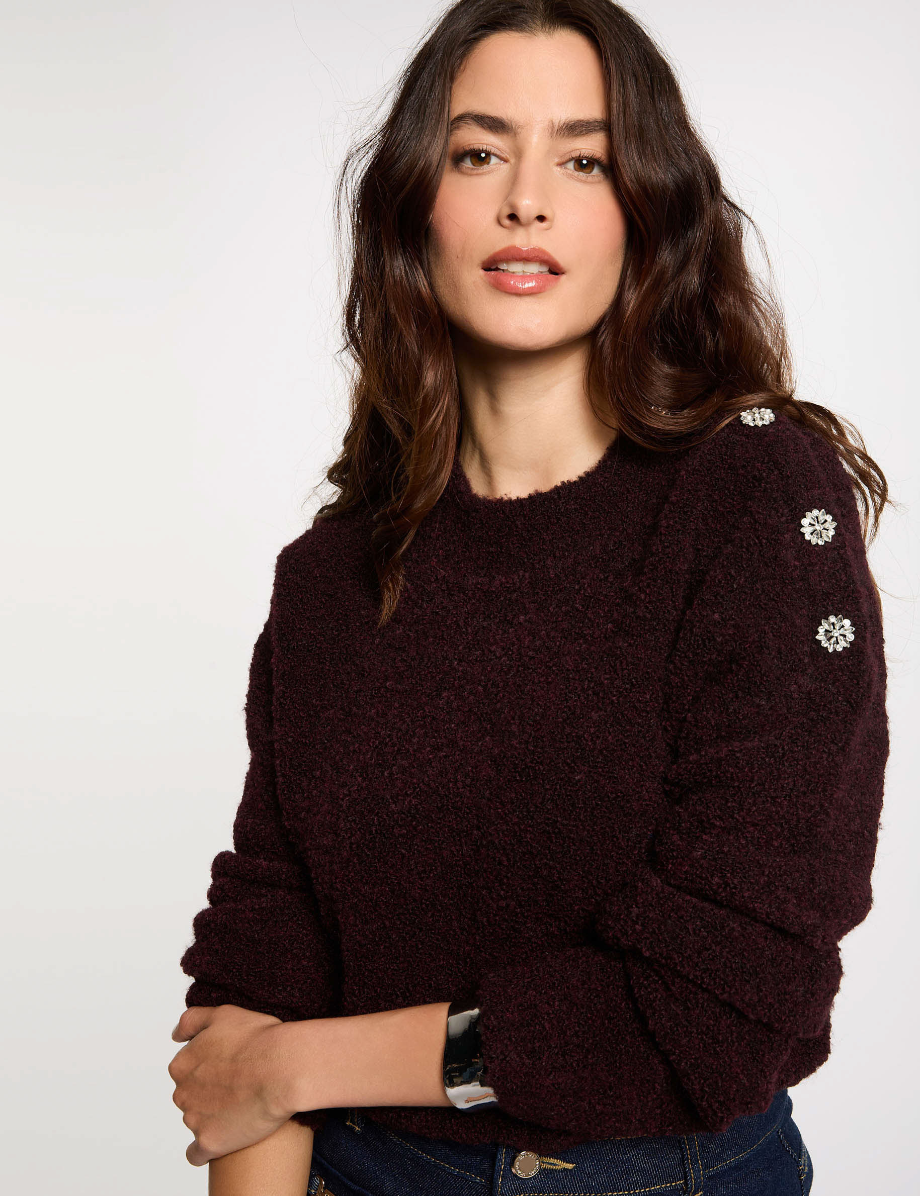 pull col montant et boutons prune femme Pull col montant et boutons prune femme