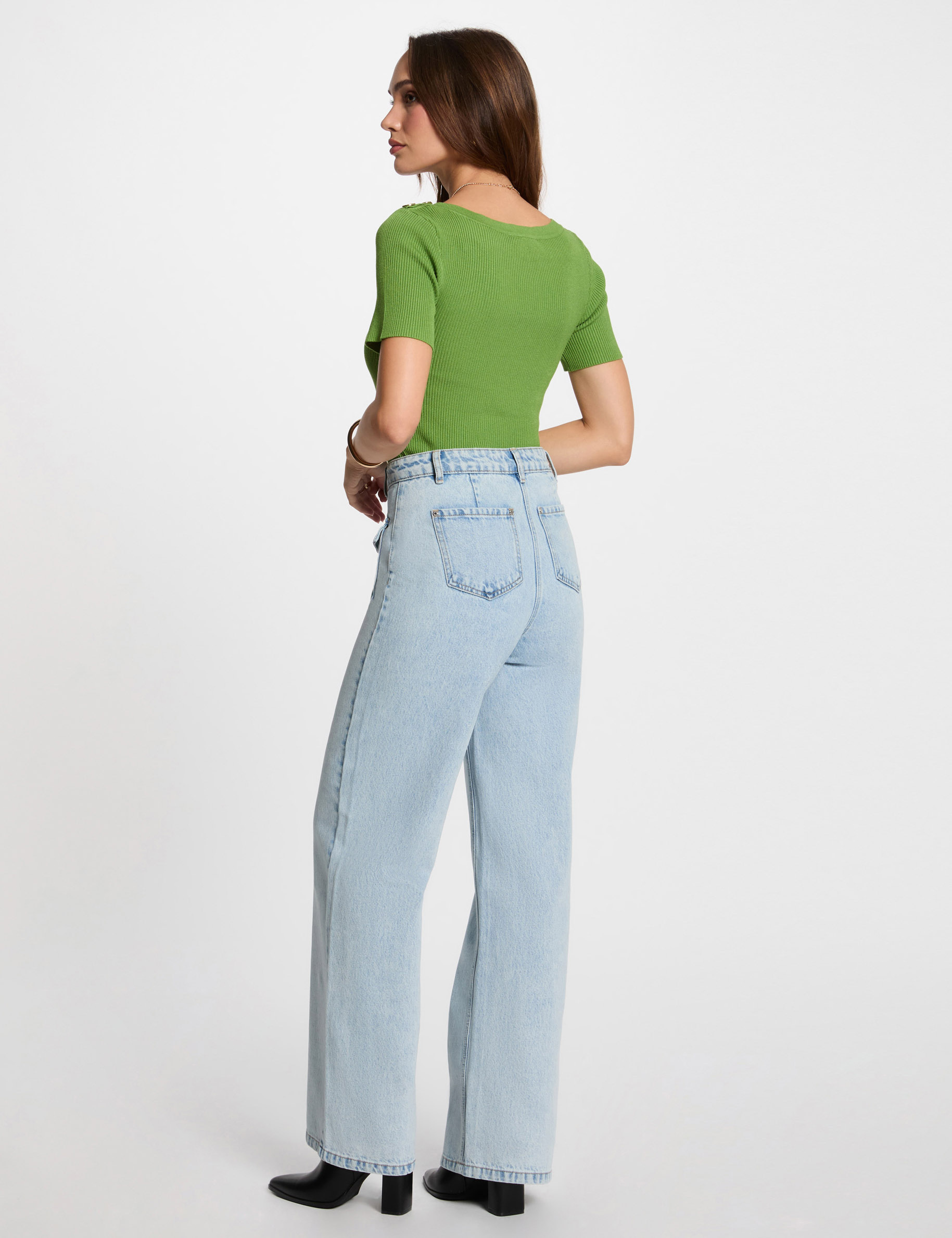 Jeans large taille haute denim bleach femme