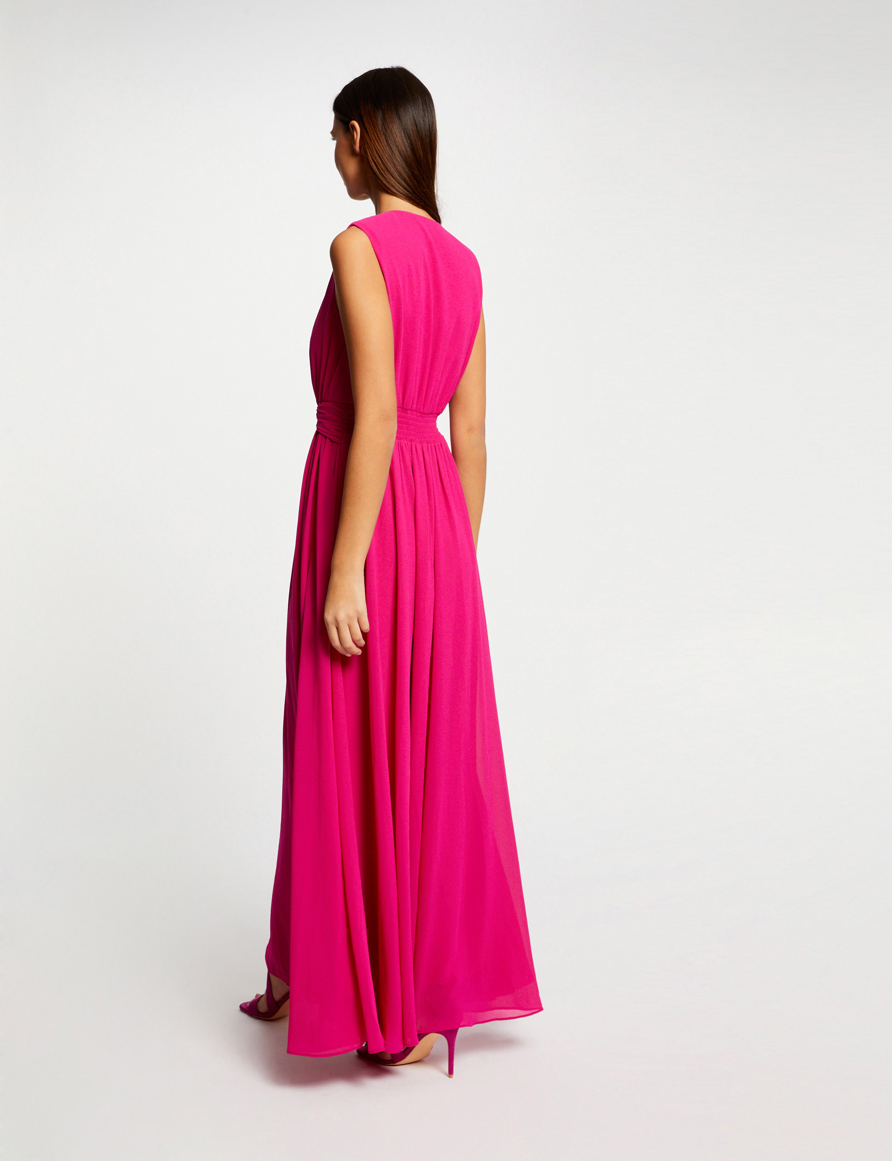 Robe longue évasée fendue rose fonce femme