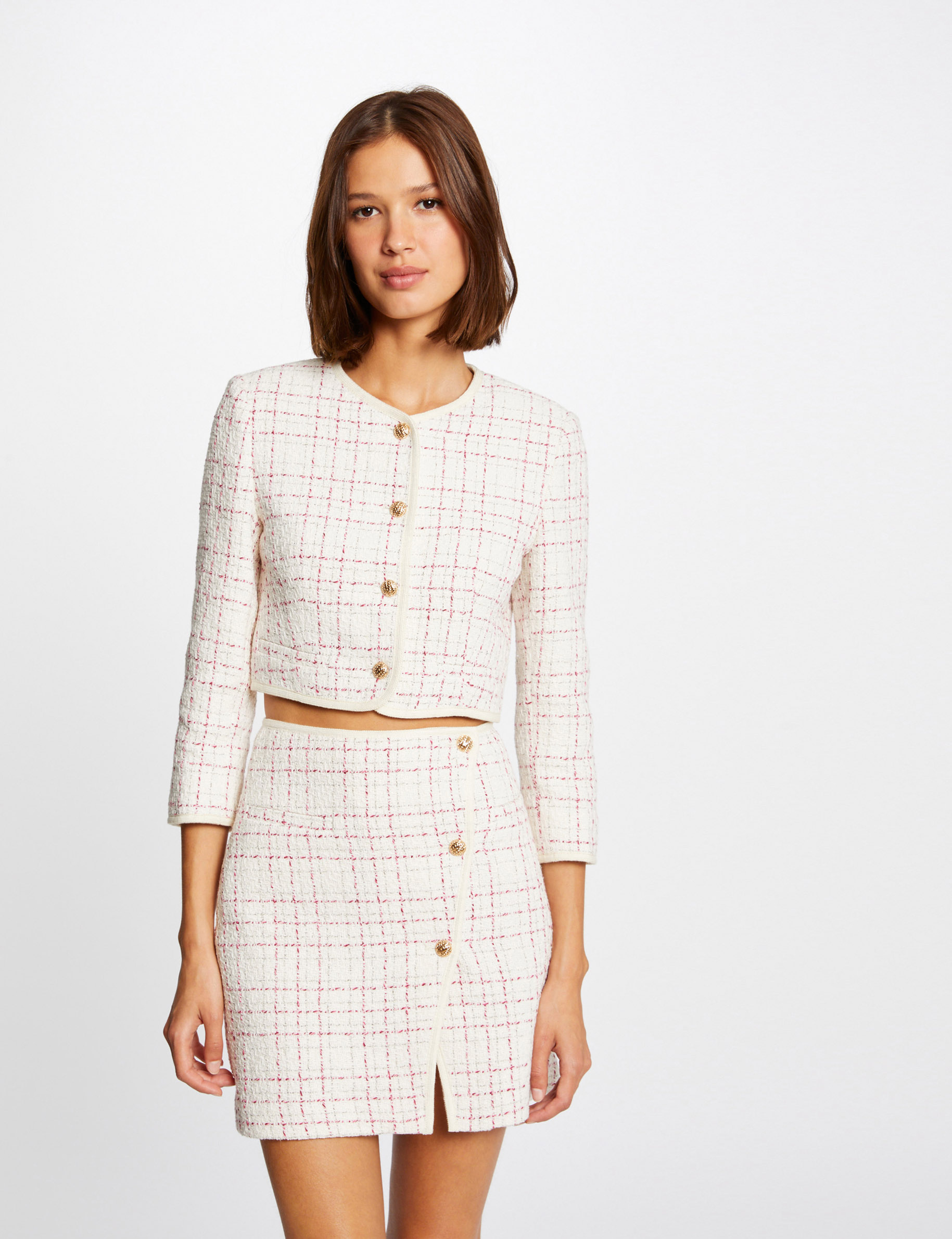 Jupe droite boutonnée à carreaux ecru femme