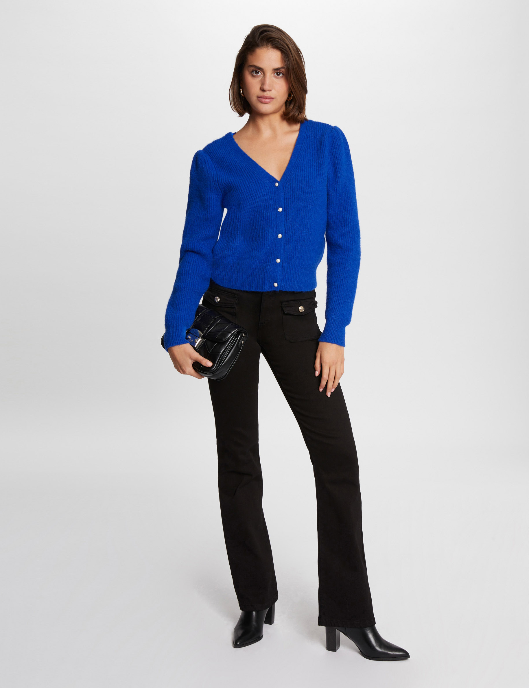 gilet manches longues col en v bleu electrique femme Gilet manches longues col en V bleu electrique femme