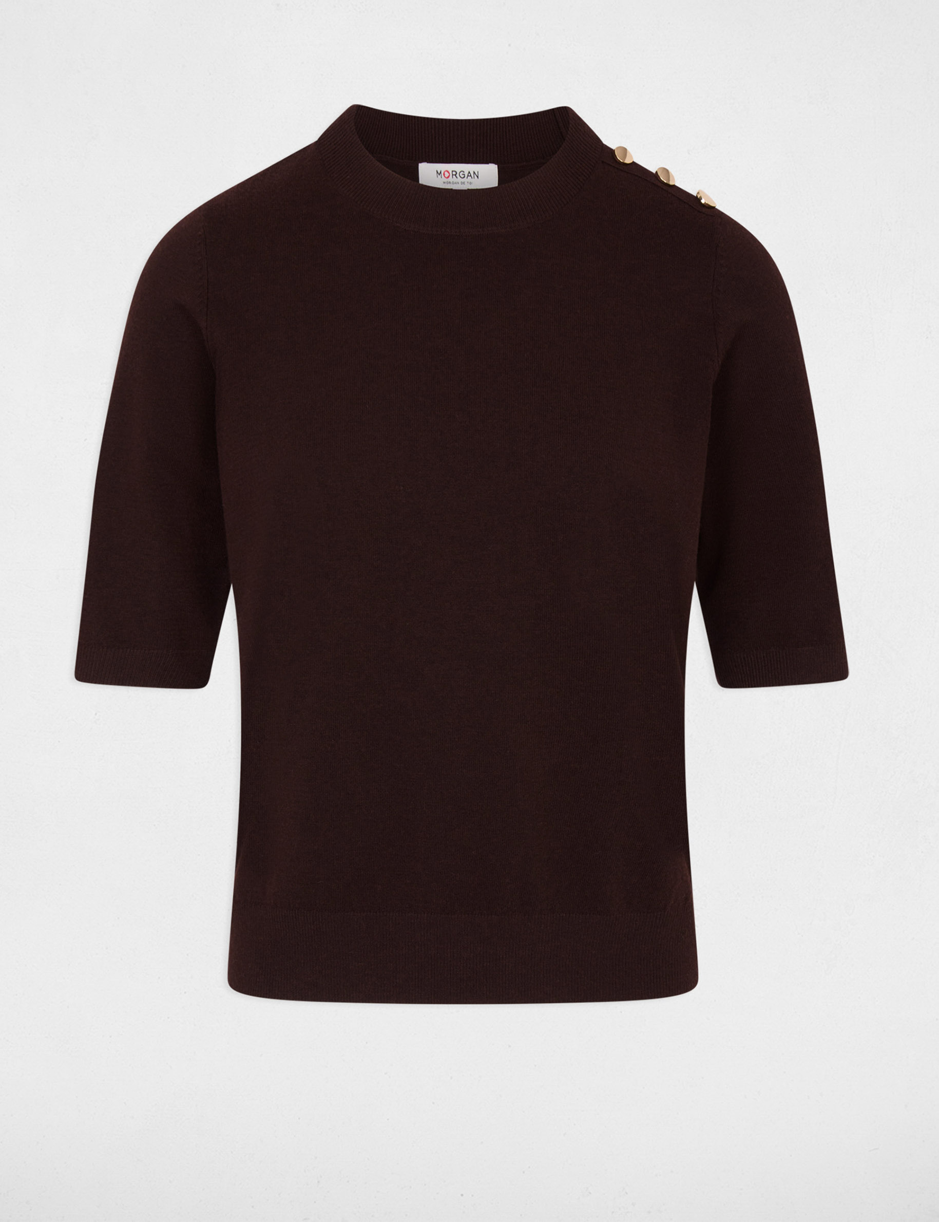 Pull col rond manches courtes marron fonc&eacute; femme