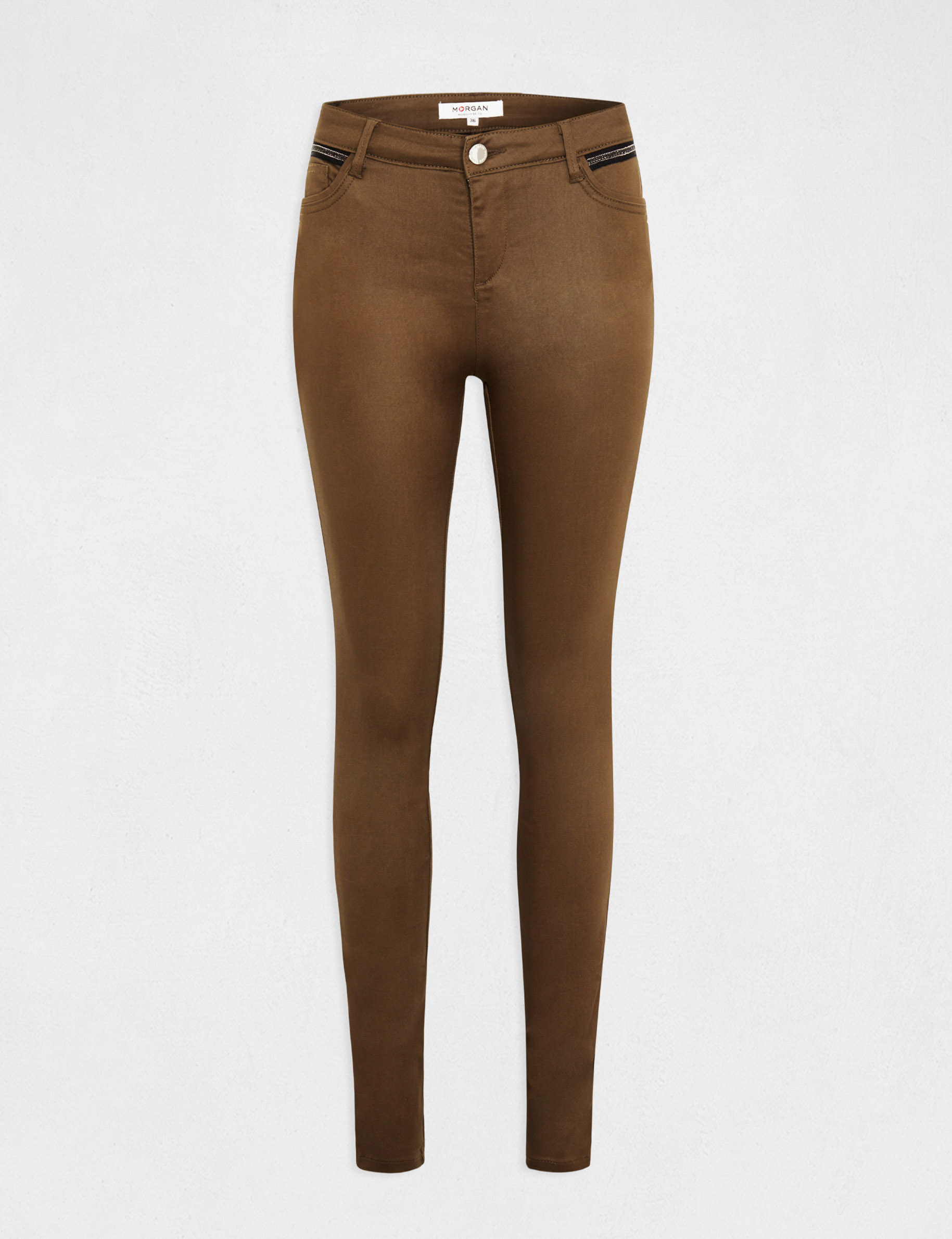 pantalon skinny enduit a details bijoux vert moyen femme Pantalon skinny enduit à détails bijoux vert moyen femme