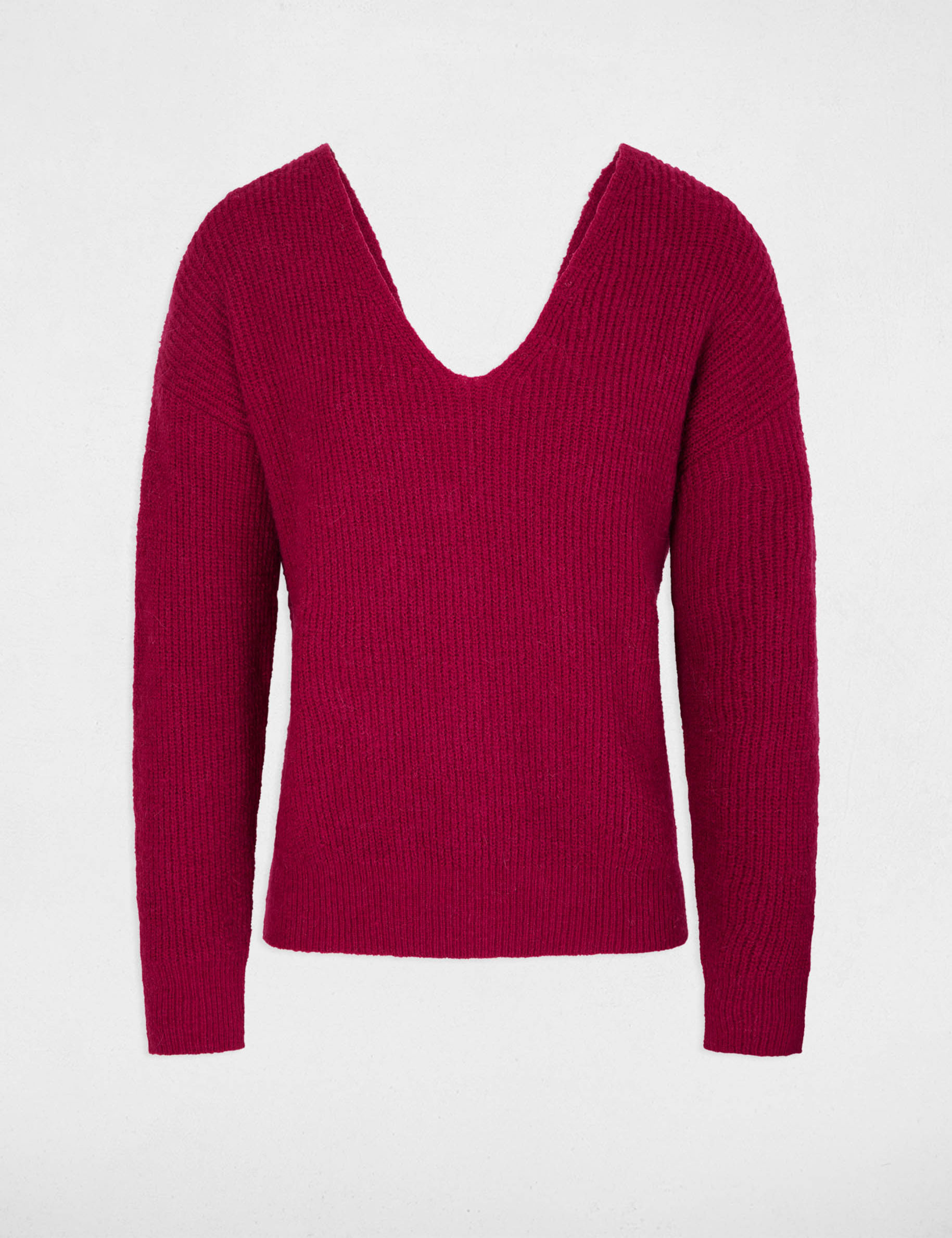 Pull col en V dos boutonn&eacute; rose fonce femme