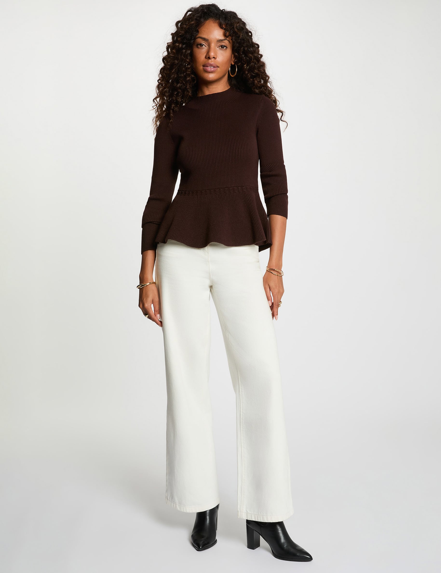 Pull col montant marron fonc&eacute; femme