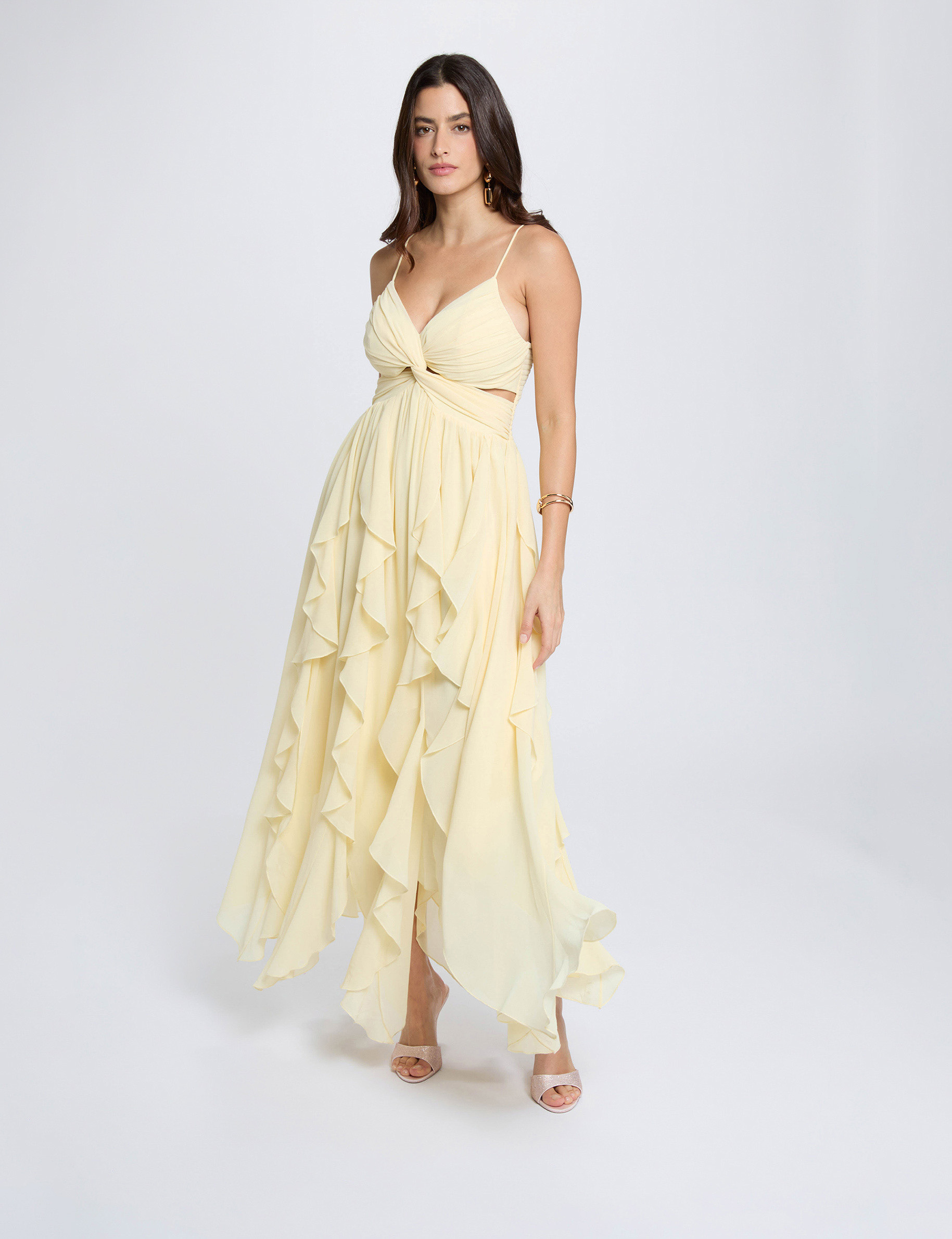 Robe longue col v jaune pastel femme
