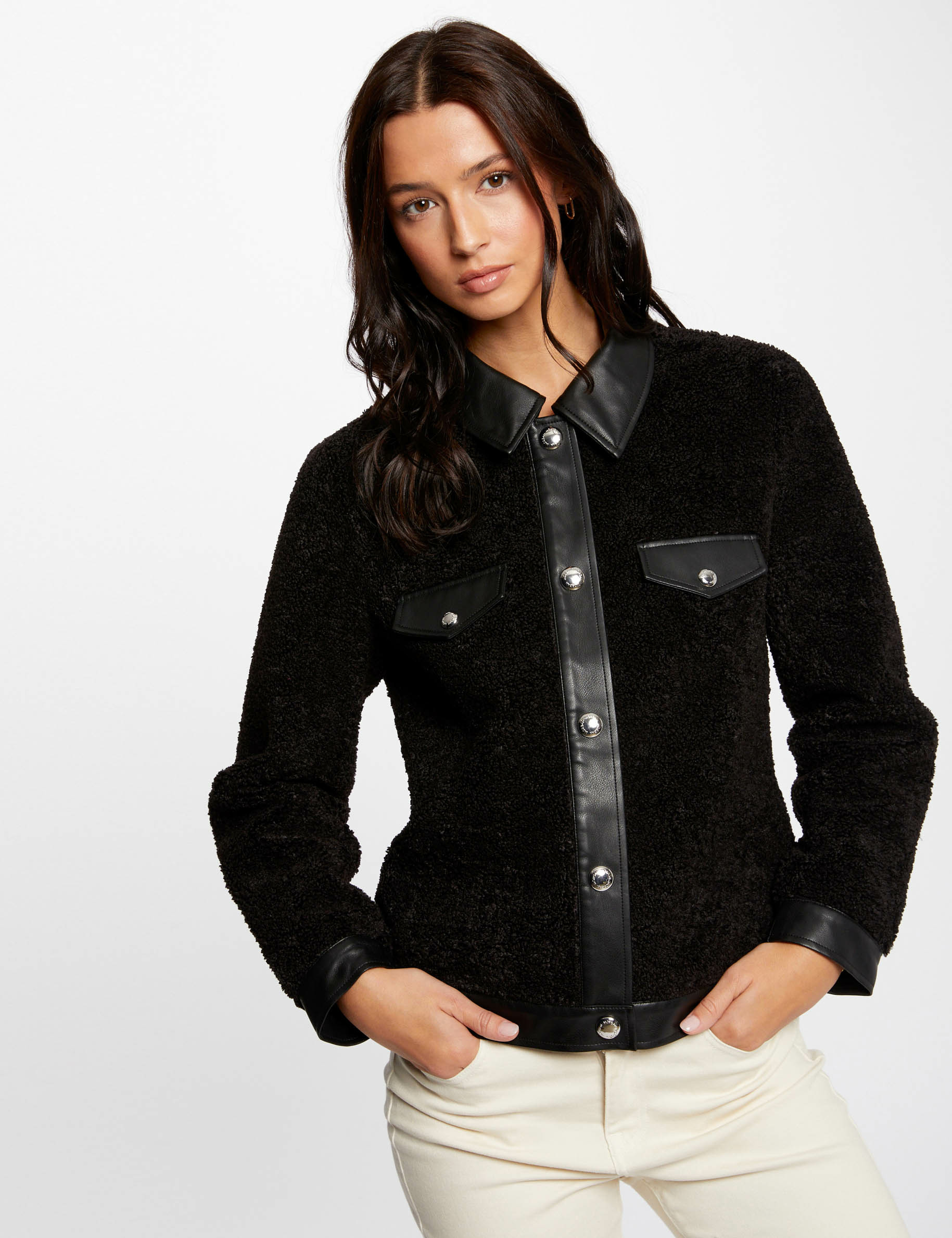 Blouson avec d?�tails simili cuir noir femme | Morgan