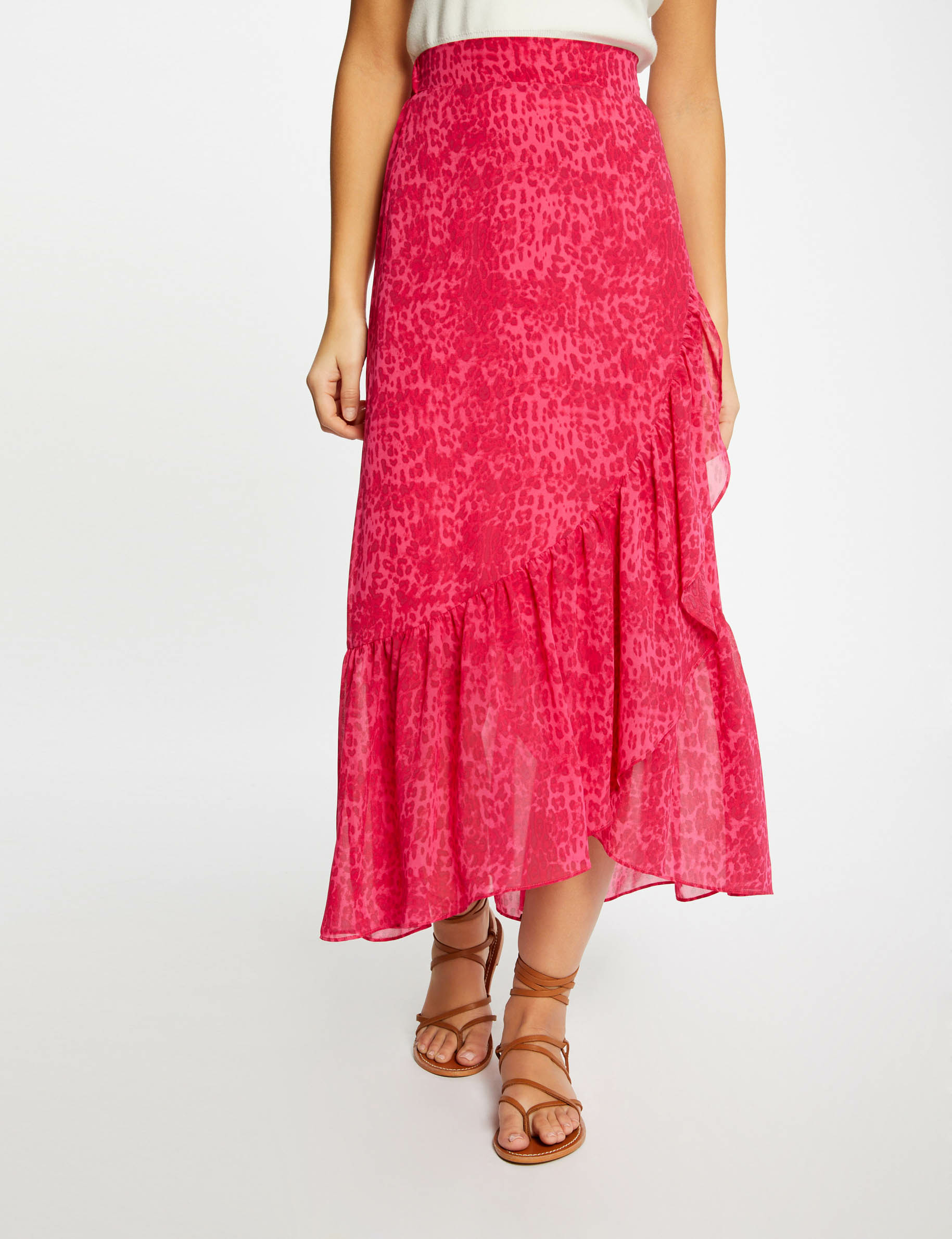 Jupe longue portefeuille imprimé léopard rose femme Jupe longue portefeuille imprimé léopard rose femme