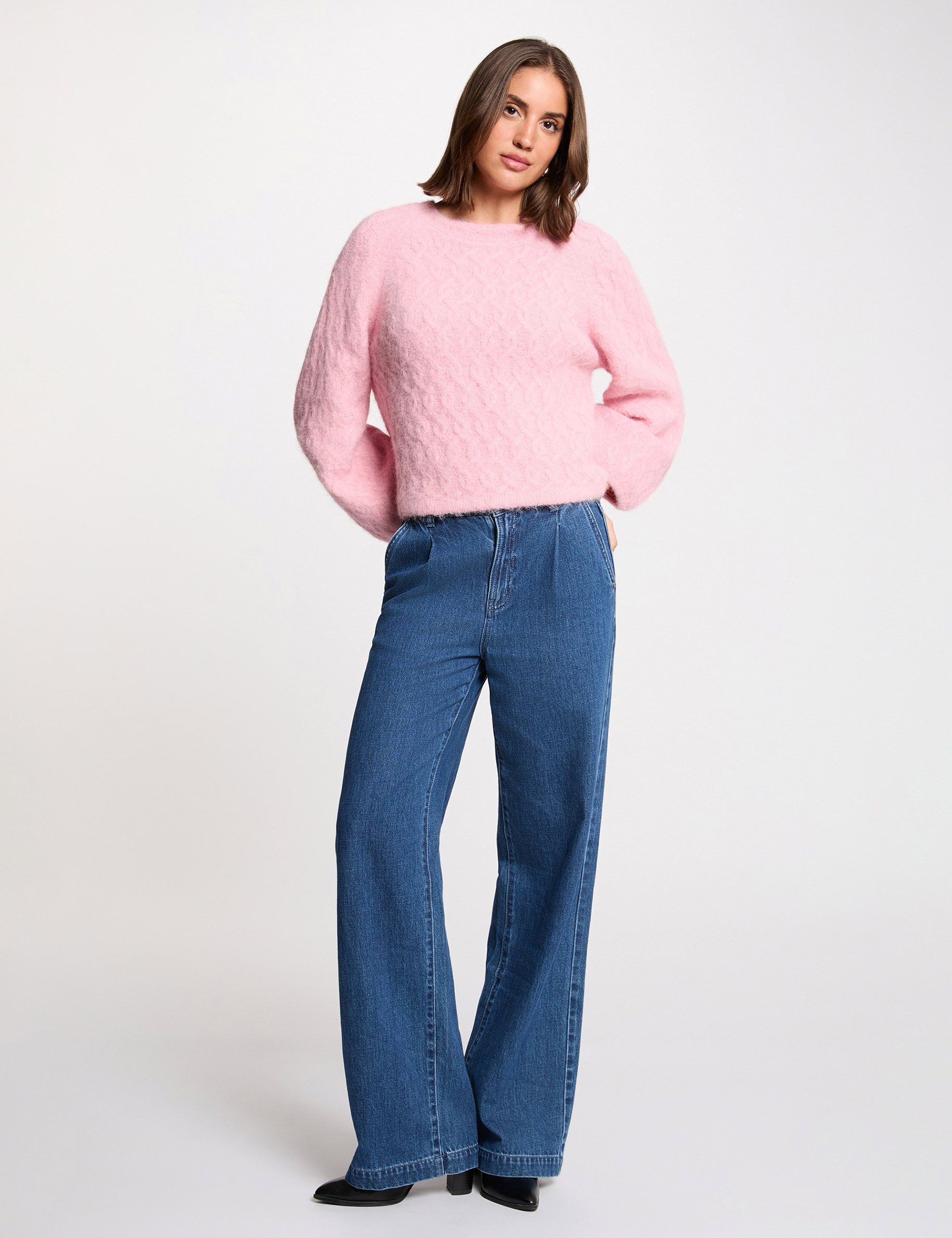 Pull &eacute;pais col rond rose femme