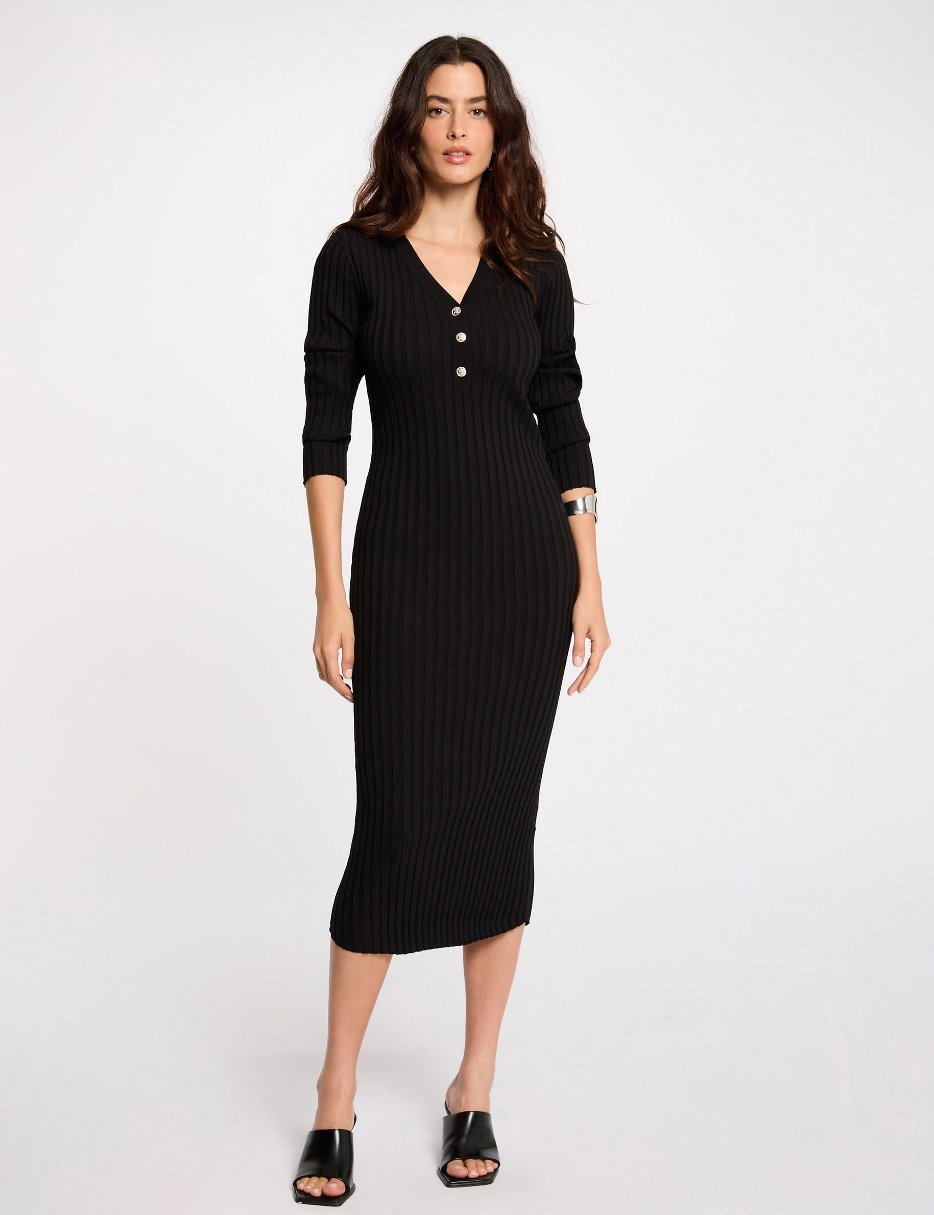 Robe tricot ajust&eacute;e c&ocirc;tel&eacute;e noir femme