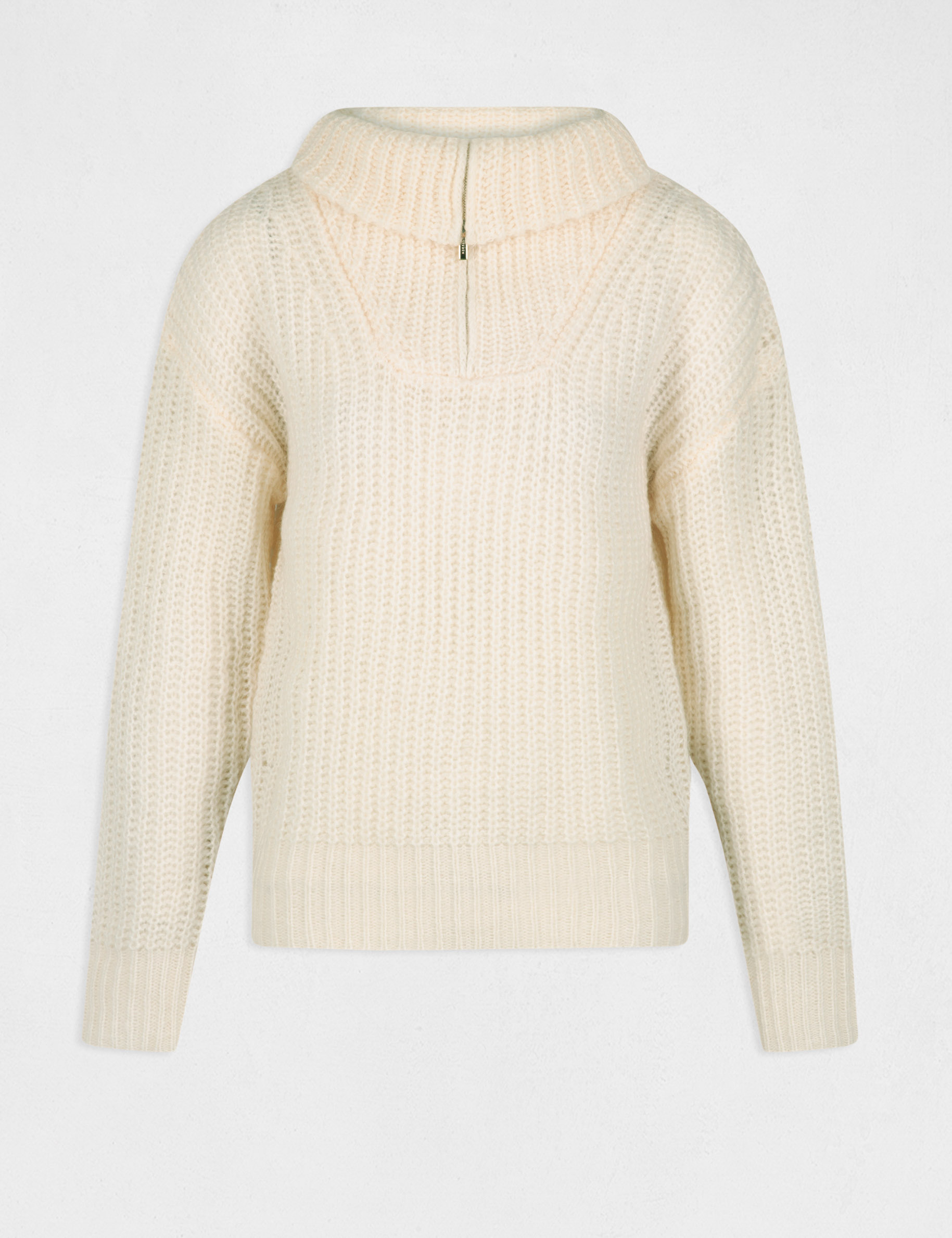 Pull manches longues à col montant zippé ivoire femme Pull manches longues à col montant zippé ivoire femme