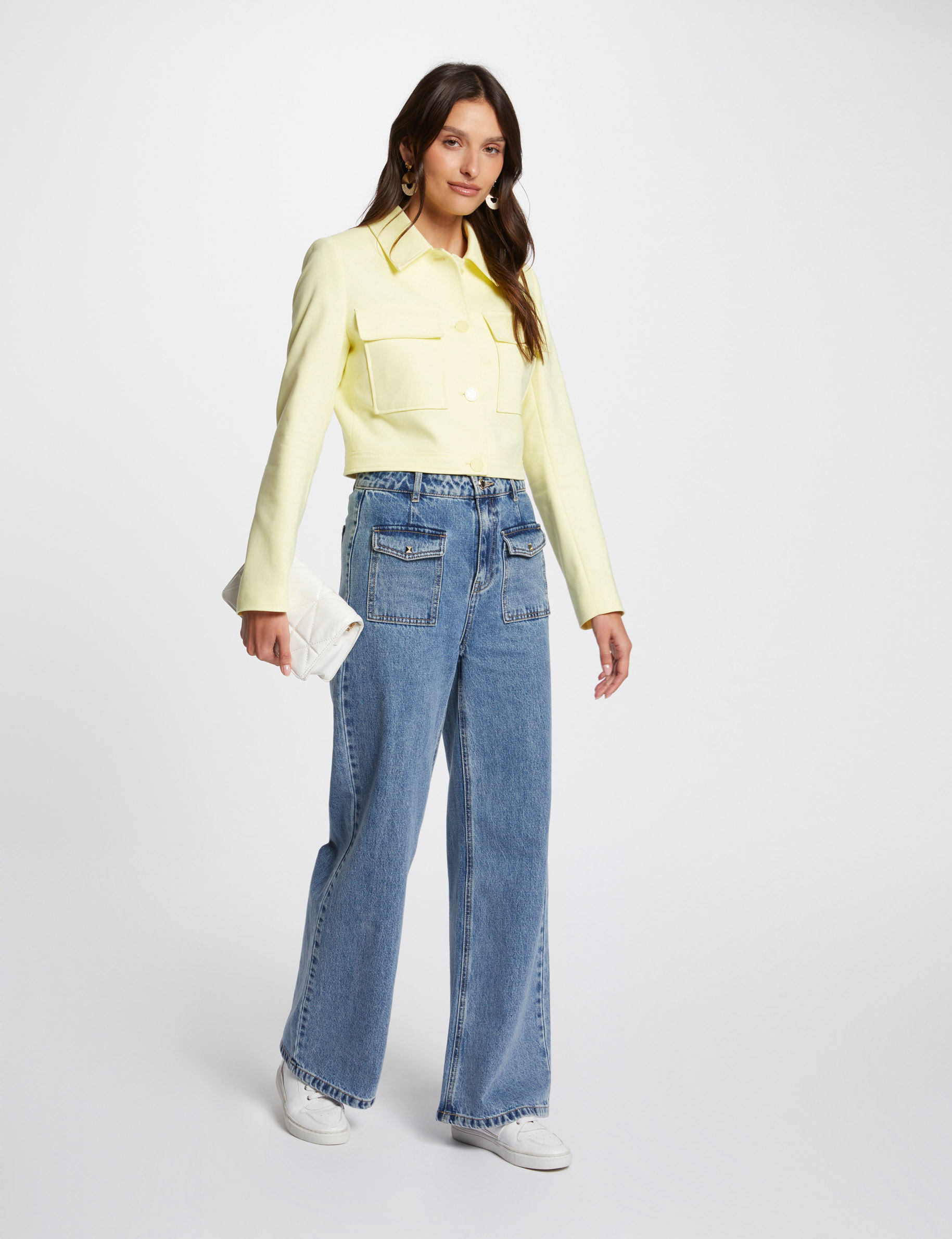 Veste courte boutonnée jaune clair femme