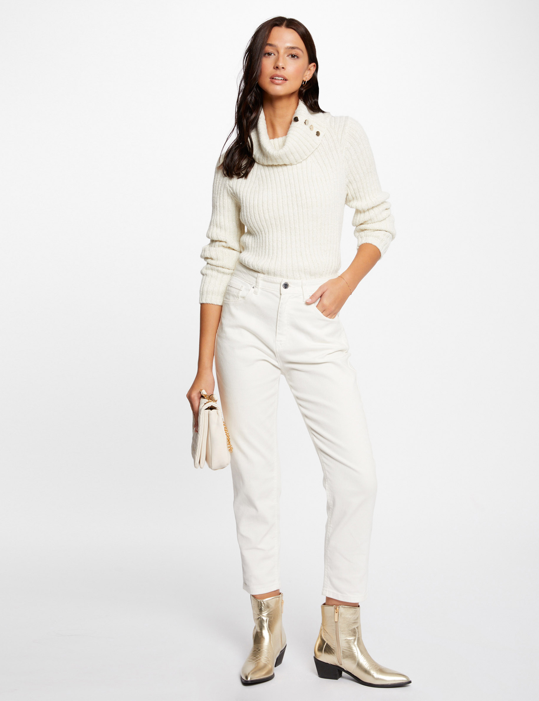 Pull manches longues à col roulé ecru femme