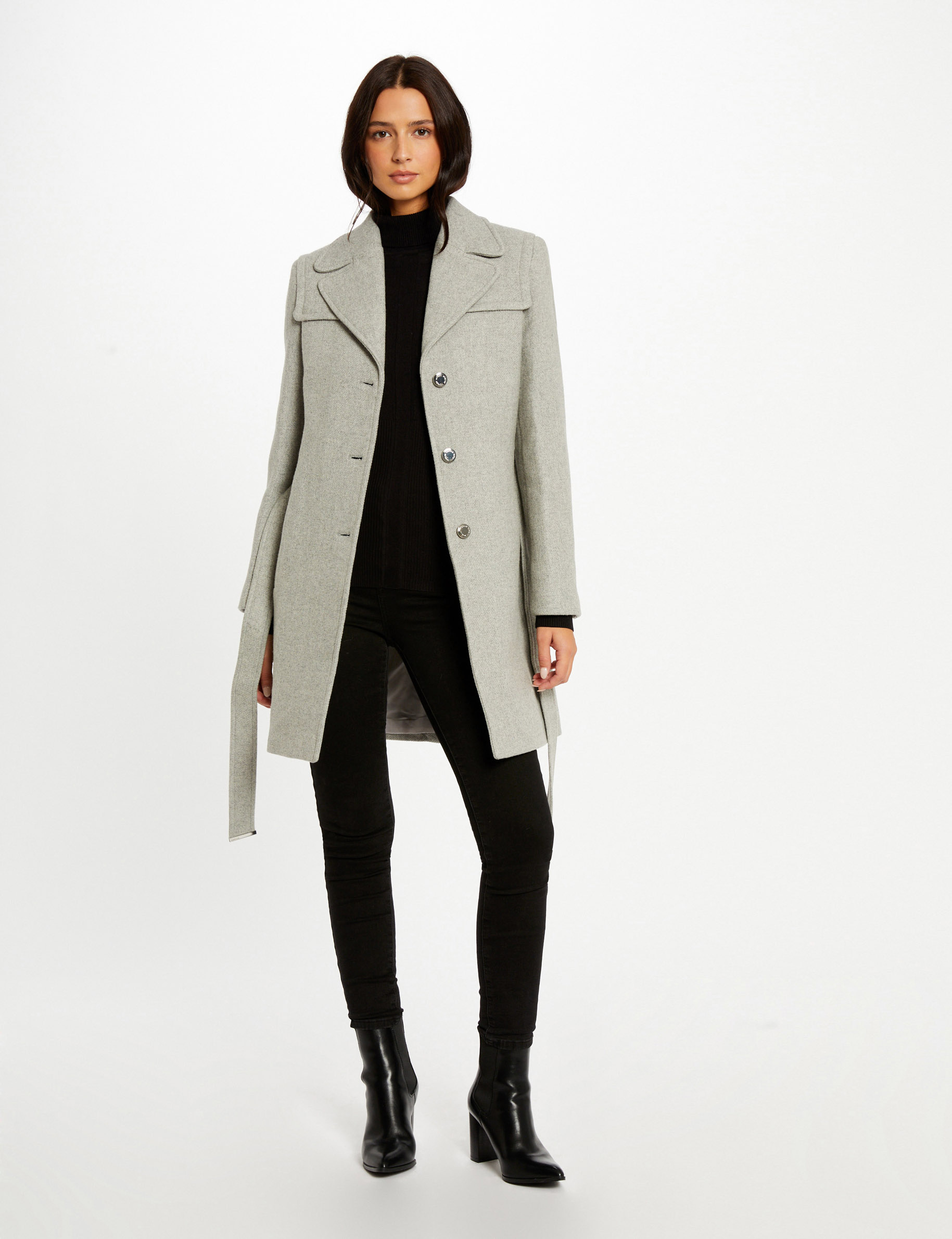 Manteau cintré ceinturé gris clair femme