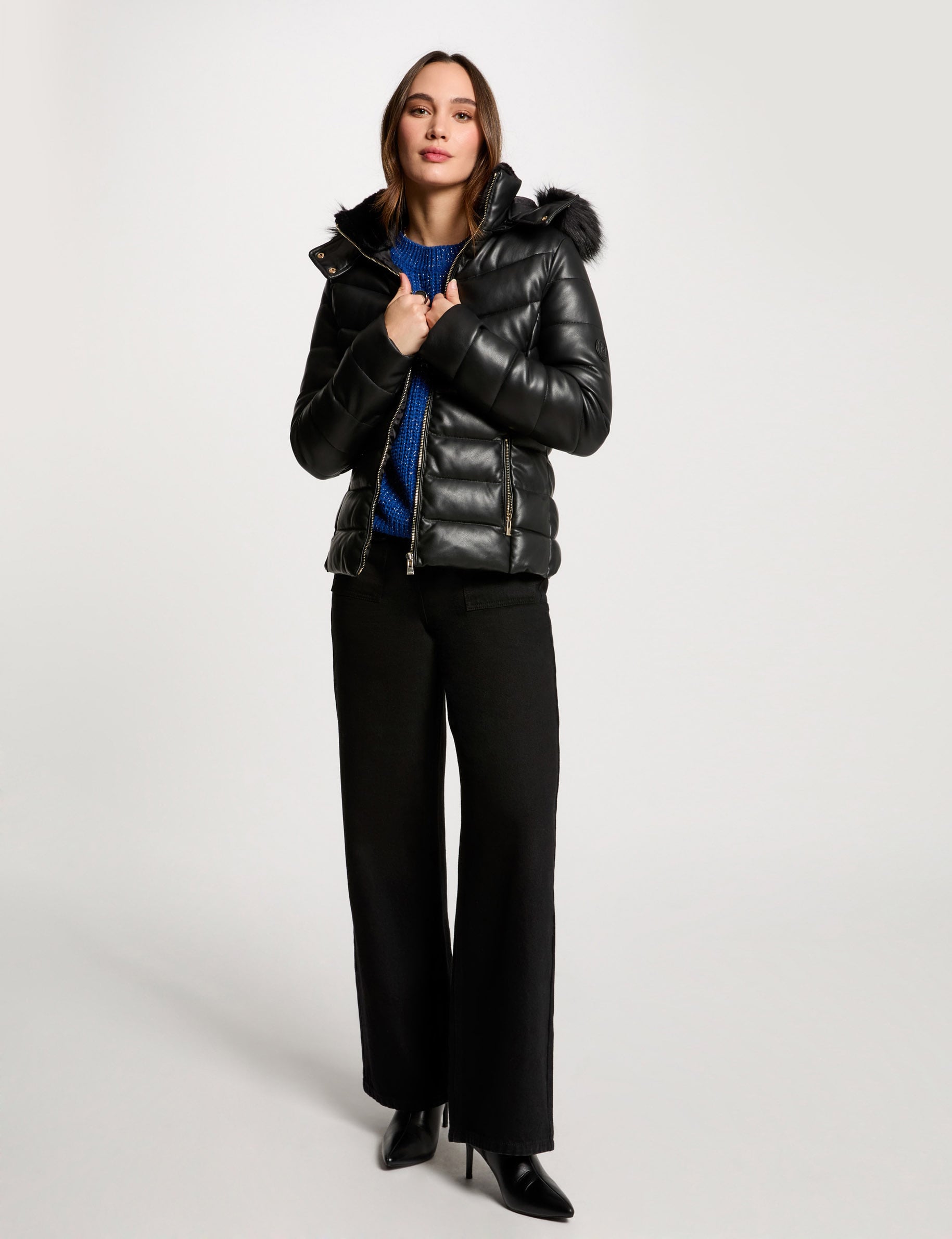 Doudoune similicuir cintr&eacute;e noir femme