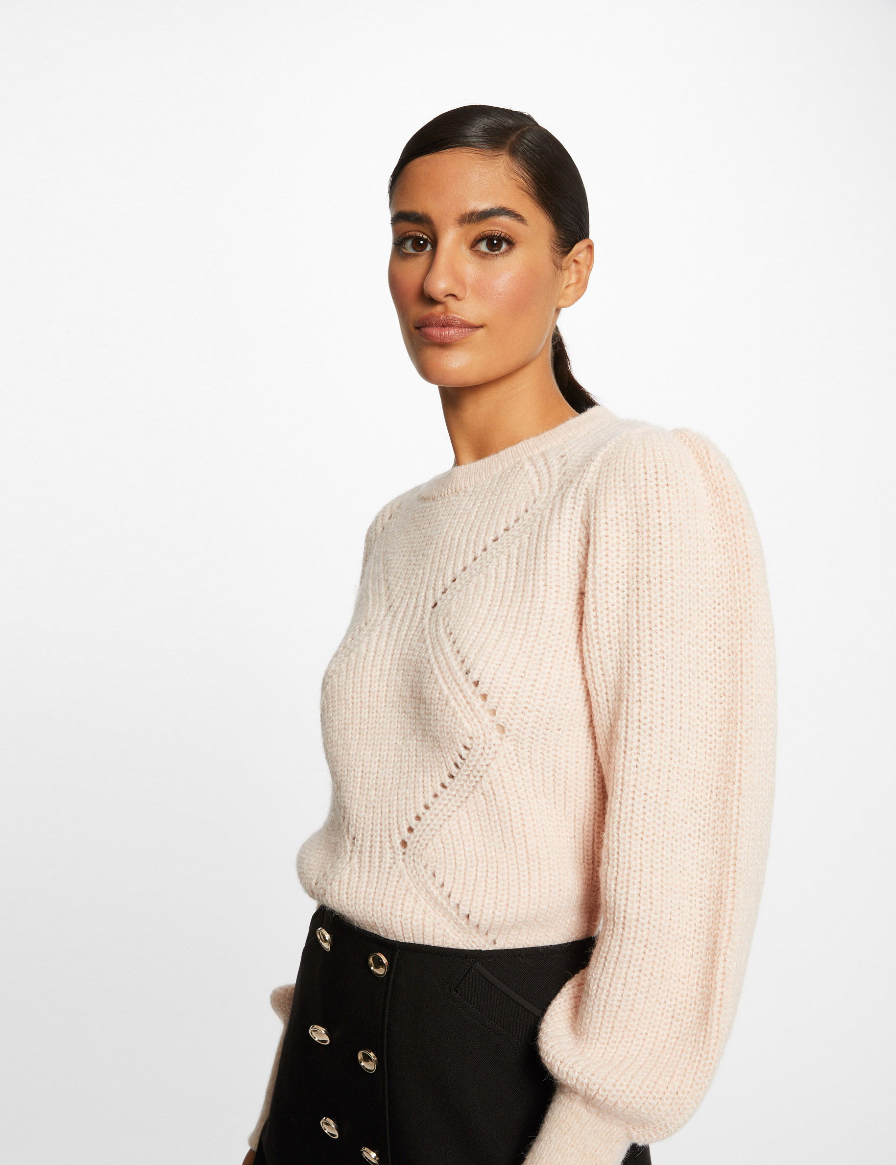 Pull manches longues à détails ajourés rose femme Pull manches longues à détails ajourés rose femme